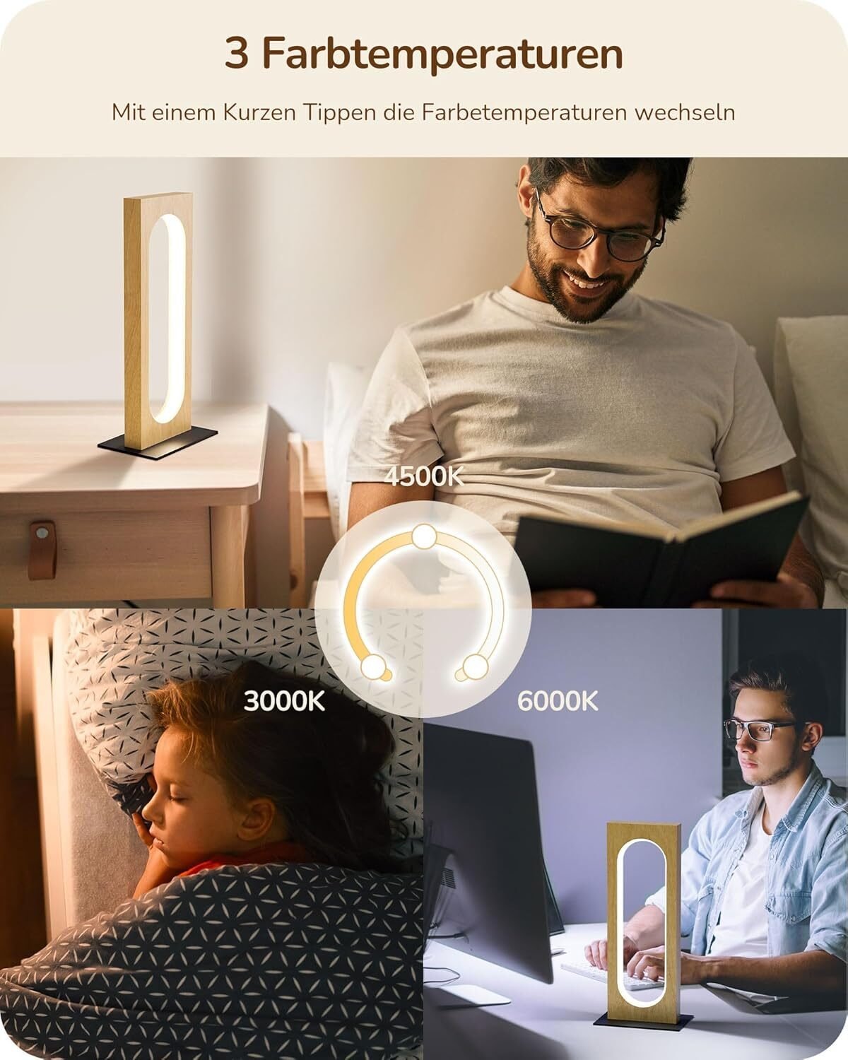 LED Nachttischlampe Holz – Touch Dimmbar mit 3 Farbtemperaturen