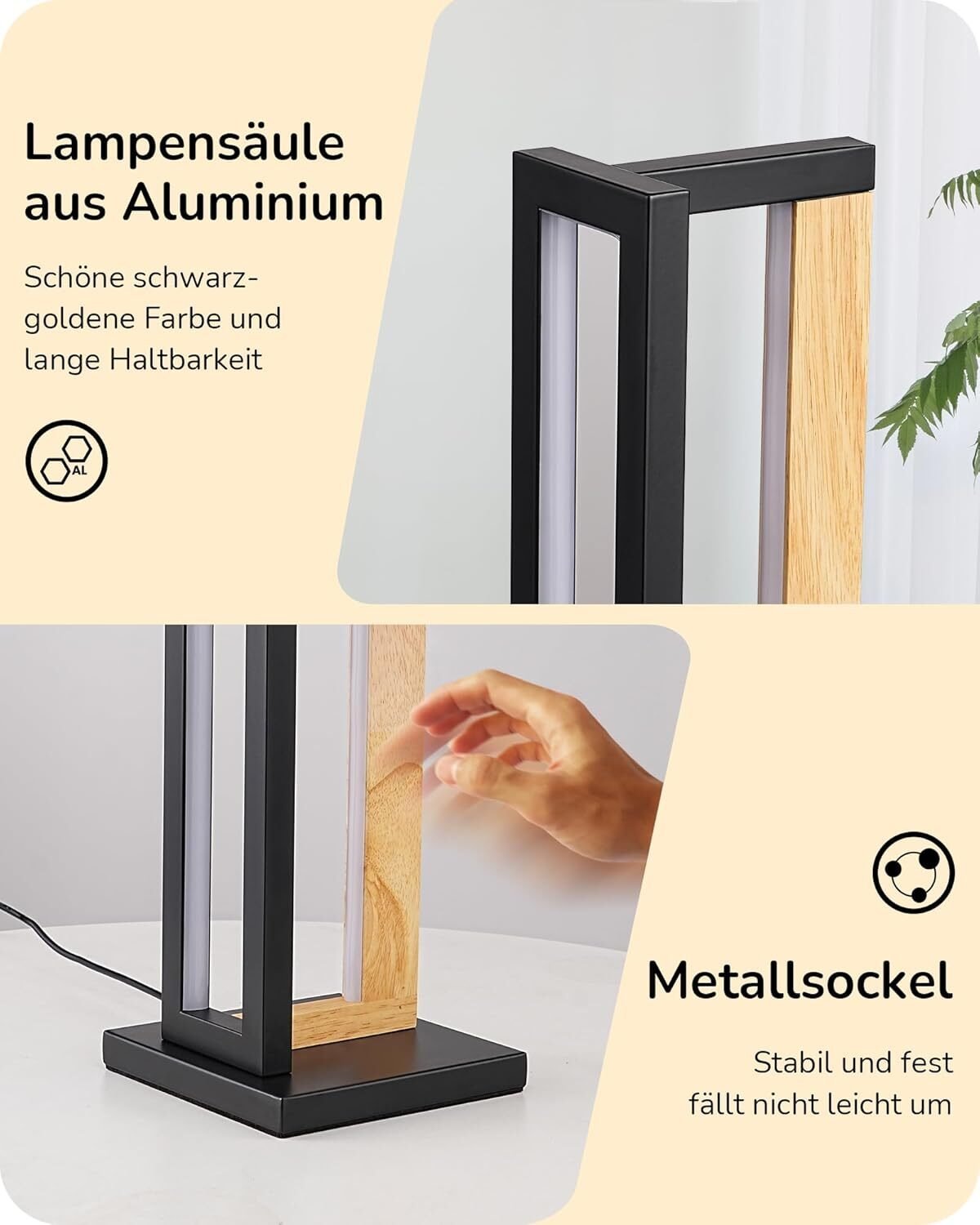 Nachttischlampe Holz Metall Touch Dimmbar – 3 Farbtemperaturen & Memory Funktion 35cm