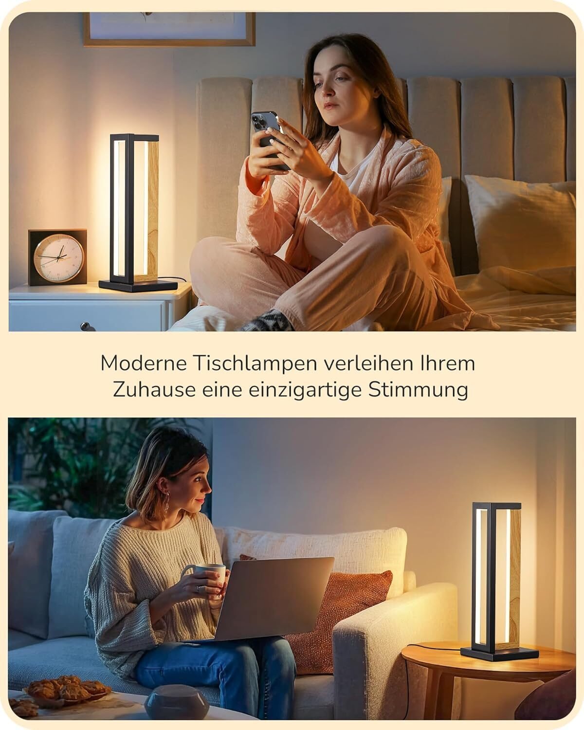 Nachttischlampe Holz Metall Touch Dimmbar – 3 Farbtemperaturen & Memory Funktion 35cm