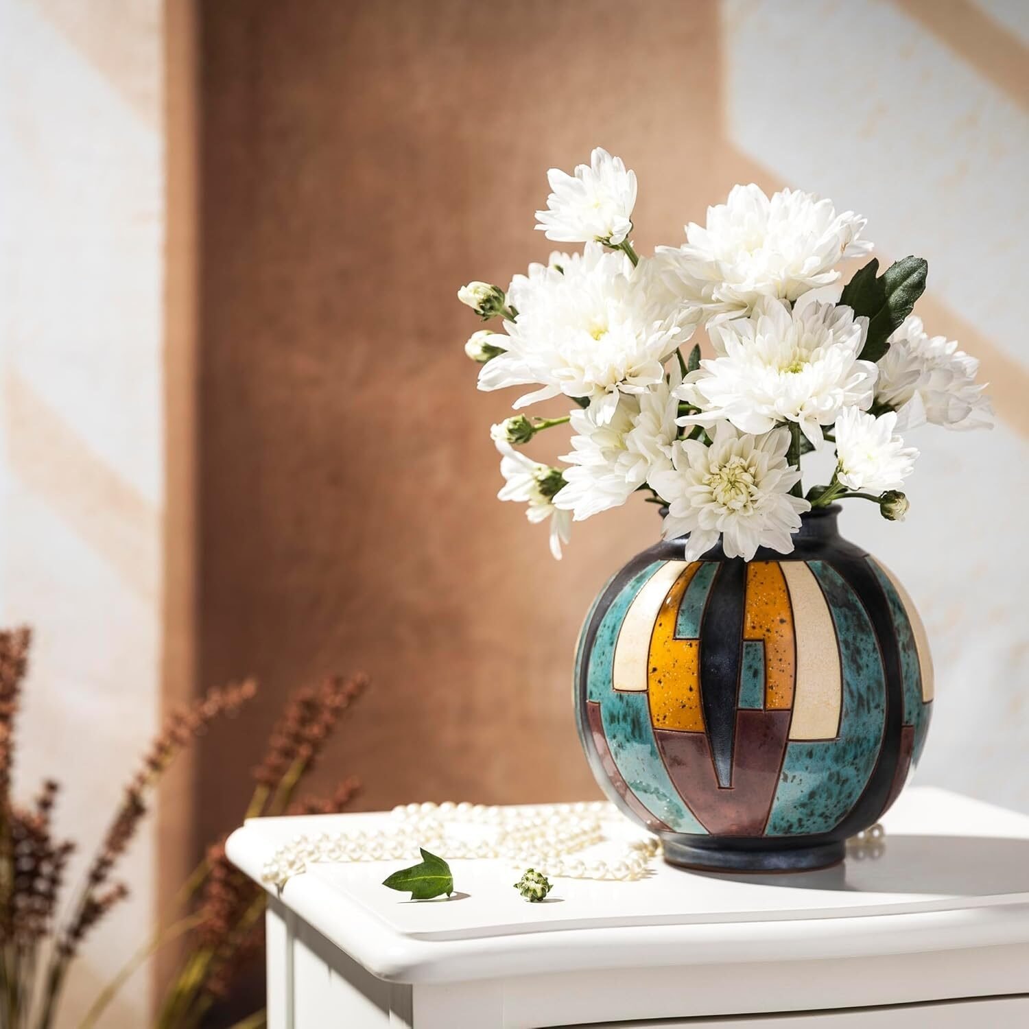 Handgedrehte Keramikvase 16 cm – Bunte handglasierte Blumenvase aus Keramik