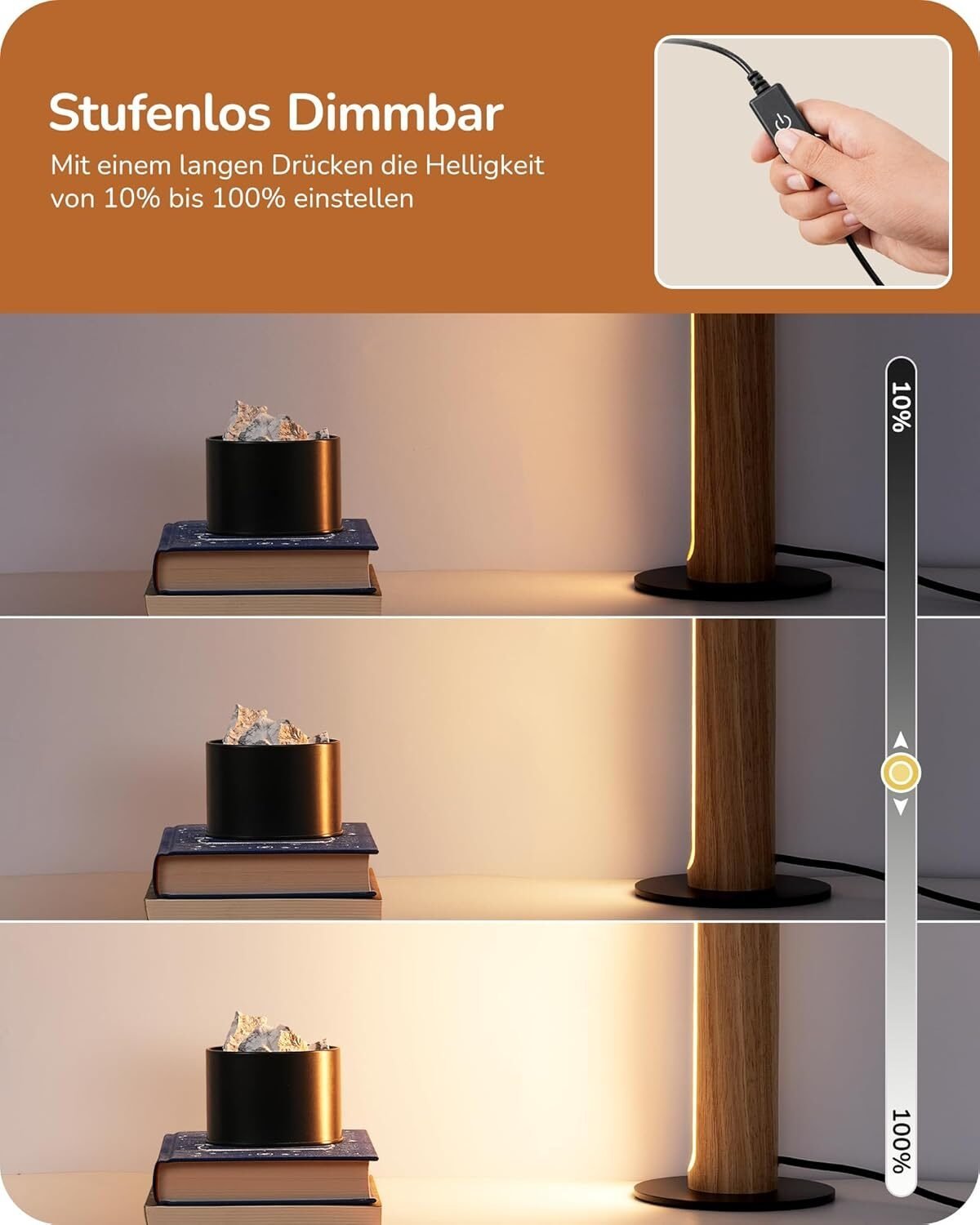 3 Farbtemperaturen LED Tischlampe Holz – Touch Dimmbar & Memory Funktion