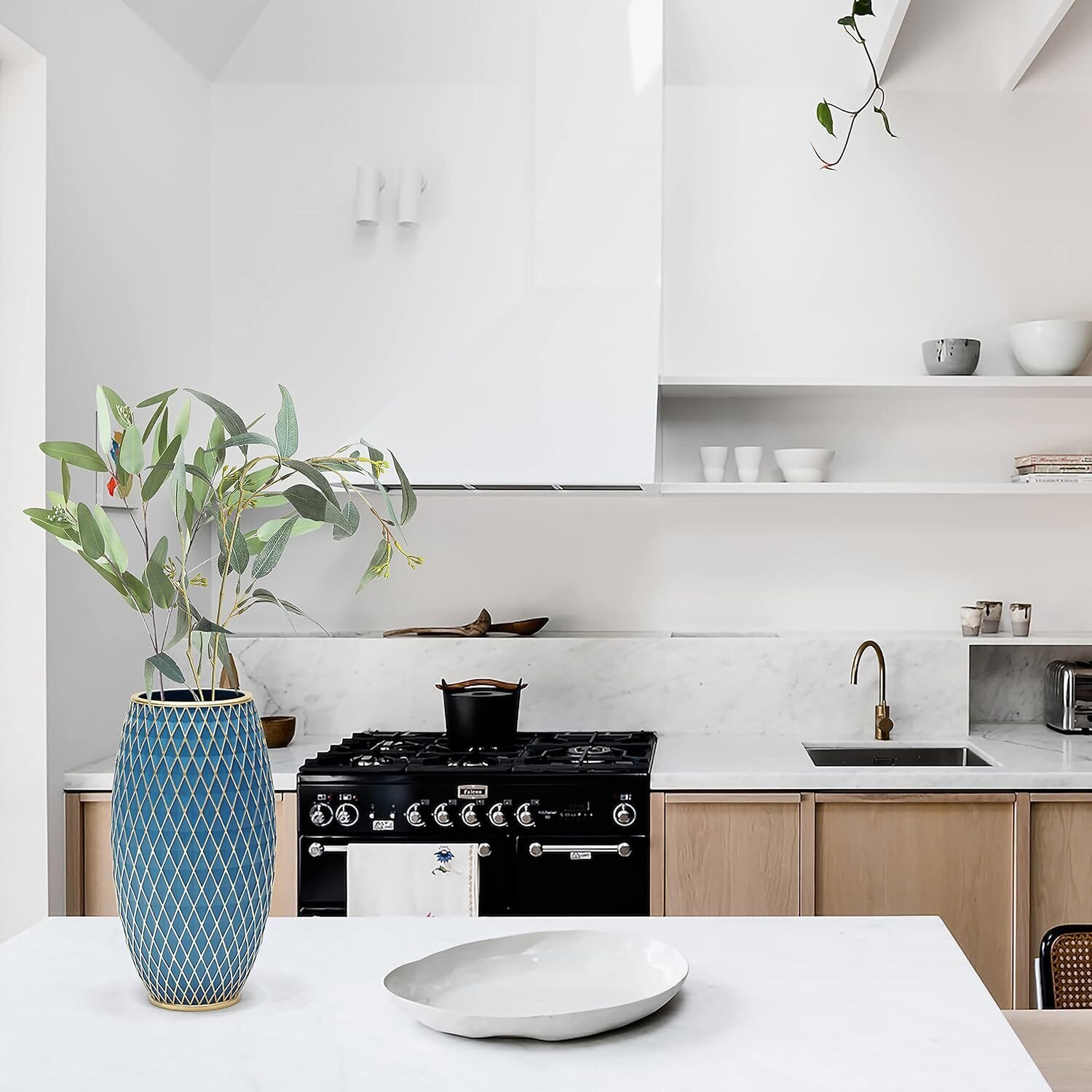 Dekorative Blumenvase Blau Gold 28 cm – Zylindervase Mit Diamantmuster