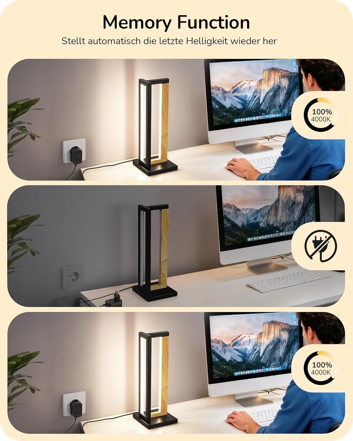 Nachttischlampe Holz Metall Touch Dimmbar – 3 Farbtemperaturen & Memory Funktion 35cm