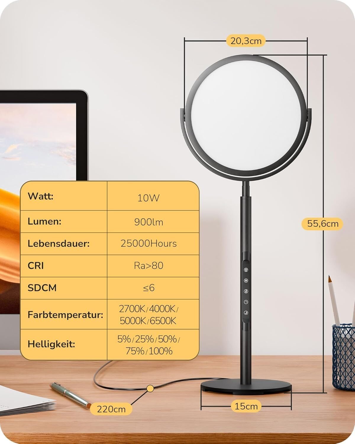Drehbare LED Tischlampe mit Touch Dimmfunktion und 5 Helligkeitsstufen, 55cm Höhe