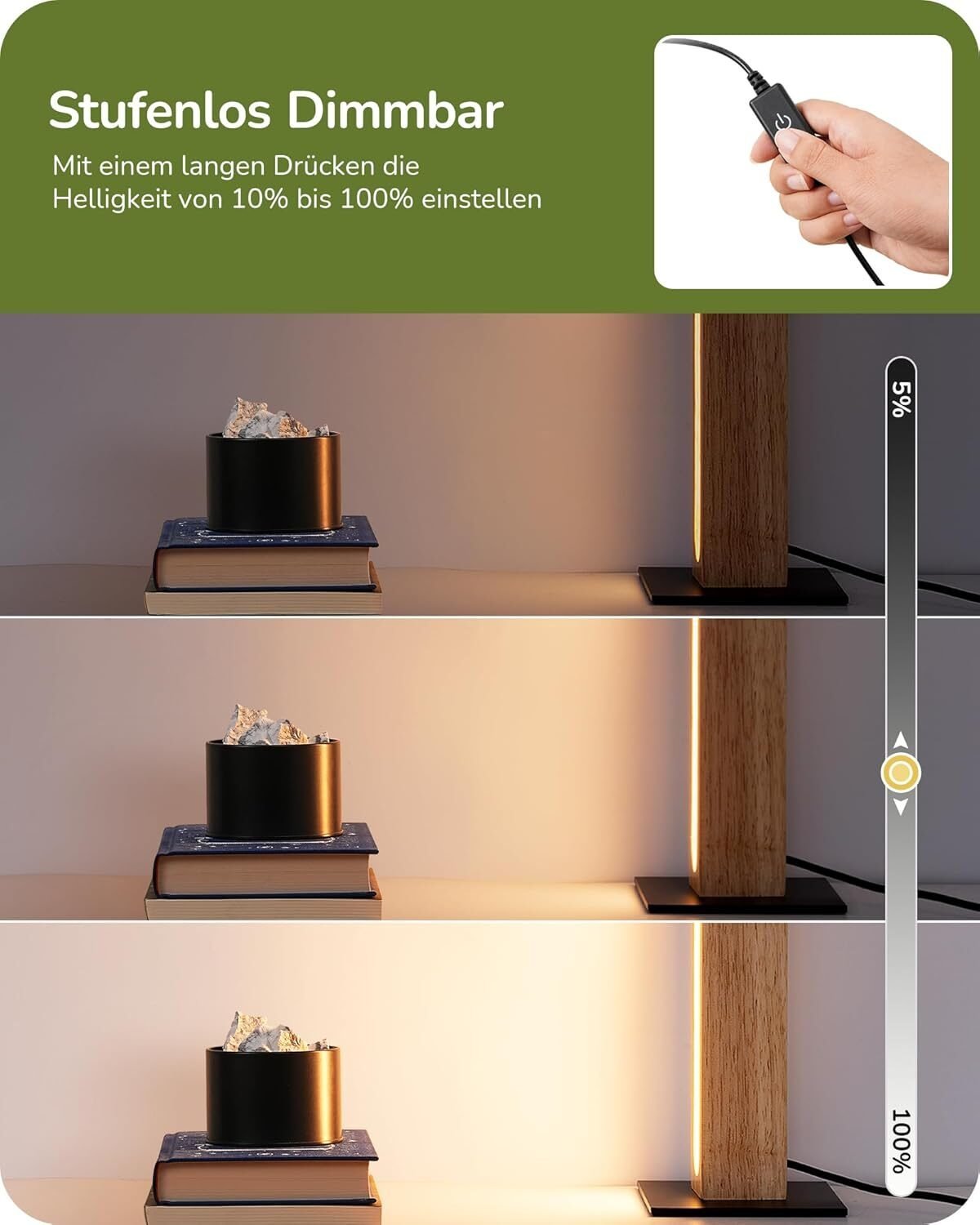 LED Tischlampe Holz Touch Funktion – Stufenlos Dimmbar mit 3 Farbtemperaturen