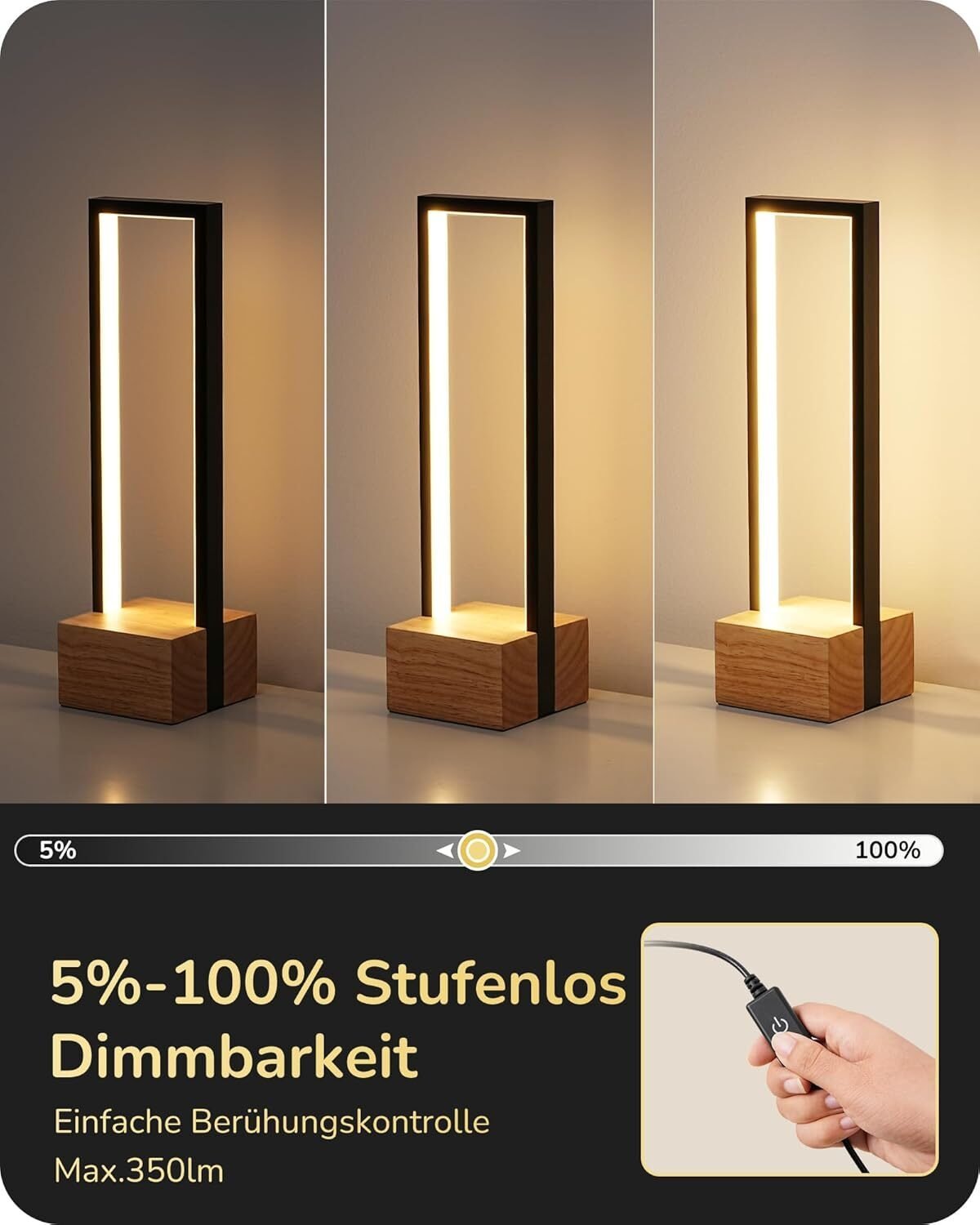 LED Tischlampe Holz Touch Dimmbar – 3 Farbtemperaturen & Memory Funktion