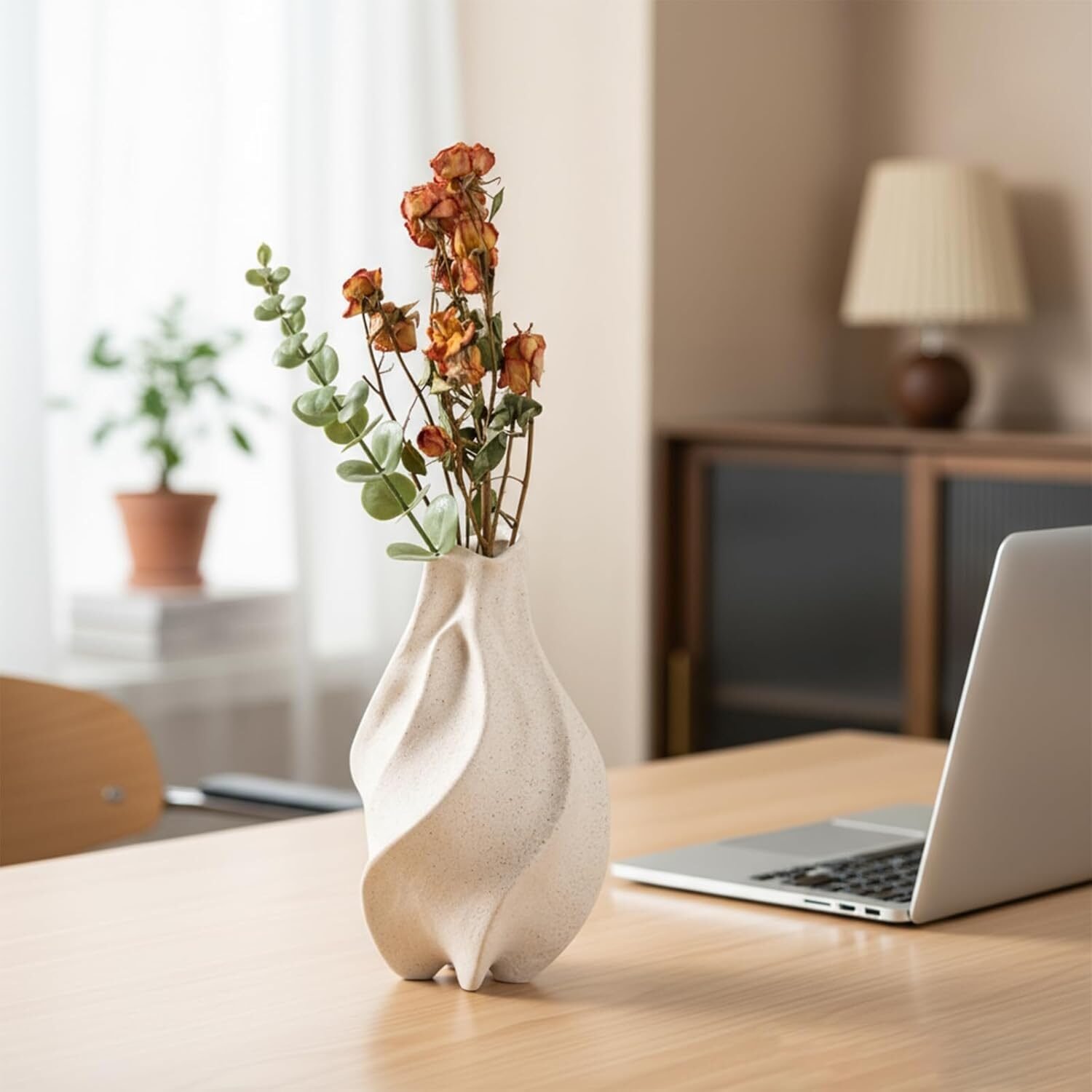 Beige Keramik Blumenvase Boho Stil 22 cm – Skandinavische Dekovase