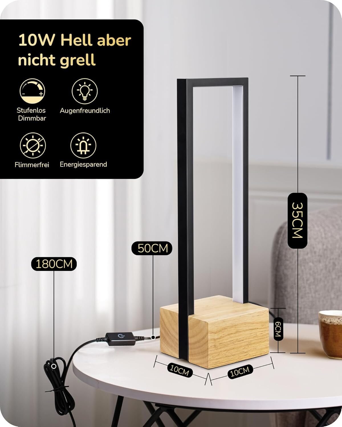 LED Tischlampe Holz Touch Dimmbar – 3 Farbtemperaturen & Memory Funktion