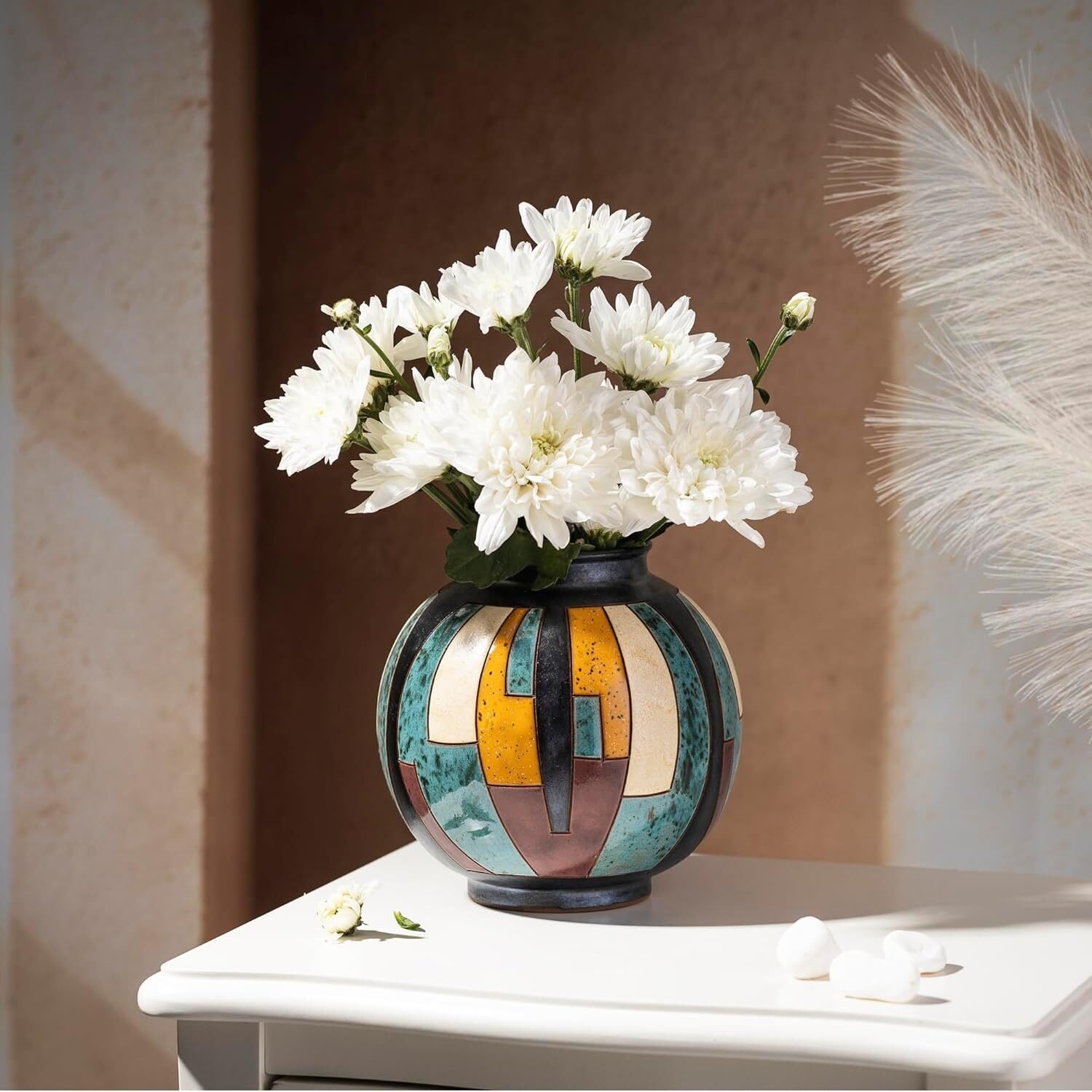 Handgedrehte Keramikvase 16 cm – Bunte handglasierte Blumenvase aus Keramik