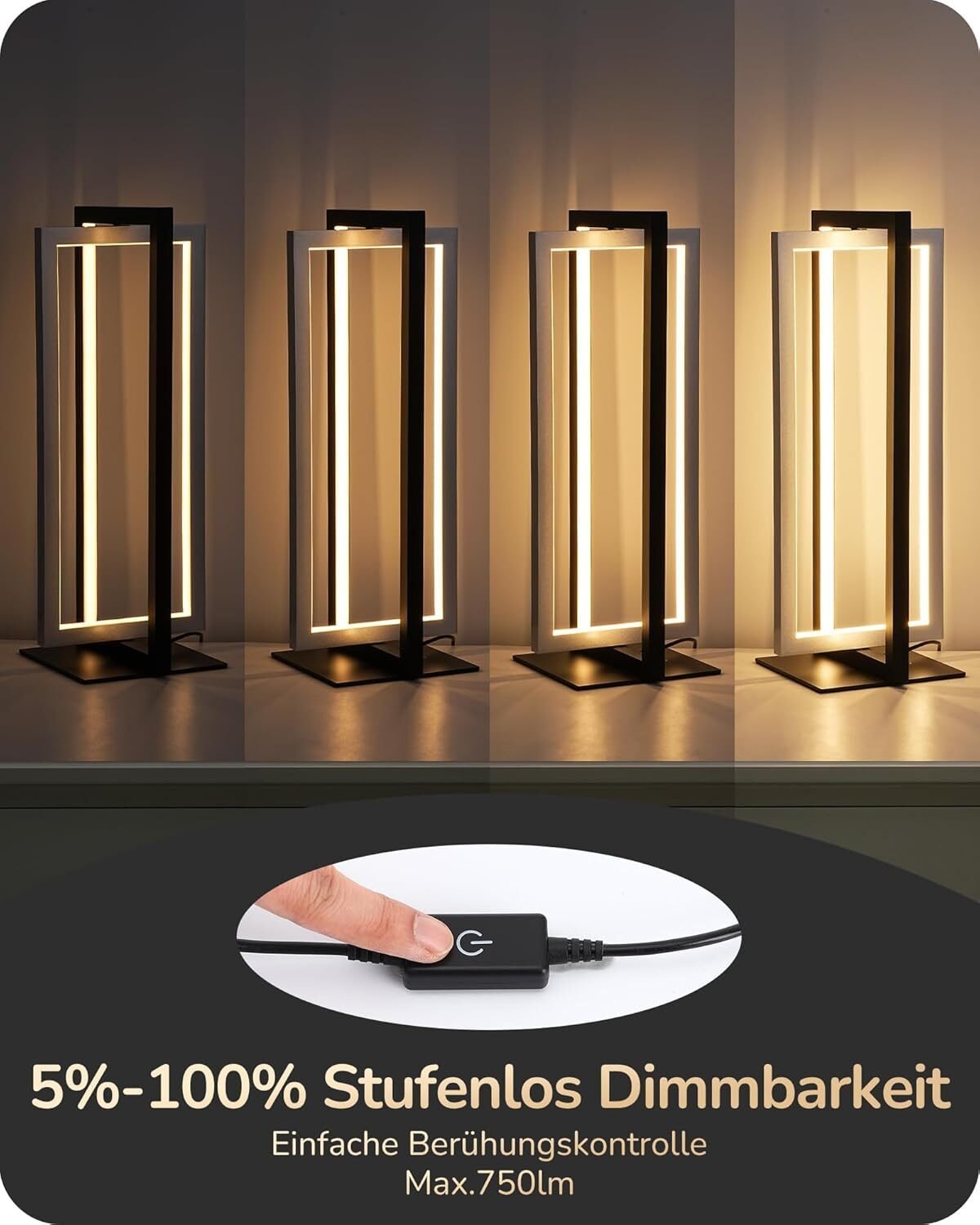 LED Tischlampe Schwarz Silber – Touch Dimmbar mit 3 Farbtemperaturen
