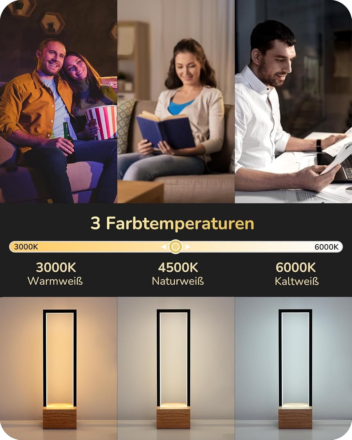 LED Tischlampe Holz Touch Dimmbar – 3 Farbtemperaturen & Memory Funktion