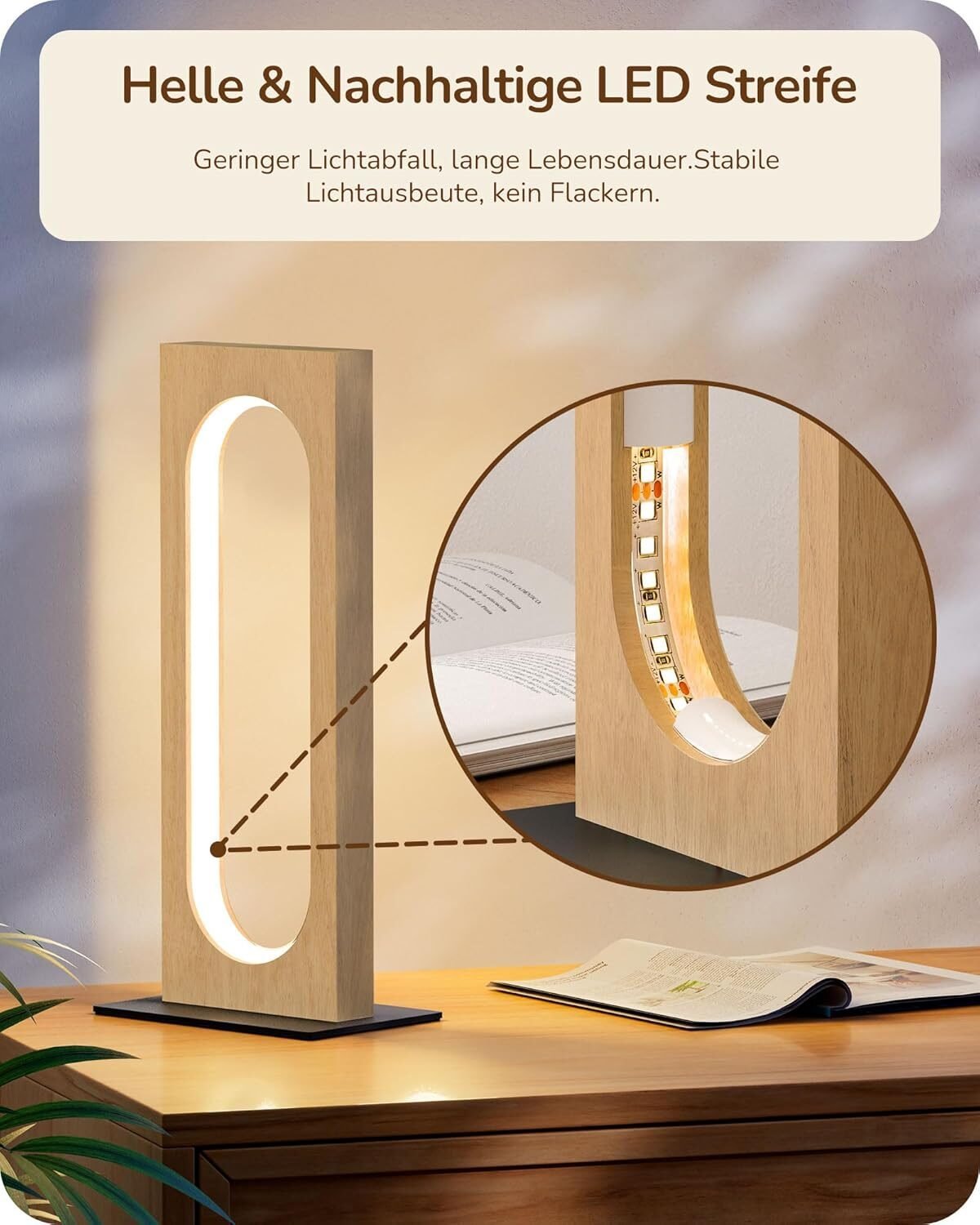 LED Nachttischlampe Holz – Touch Dimmbar mit 3 Farbtemperaturen