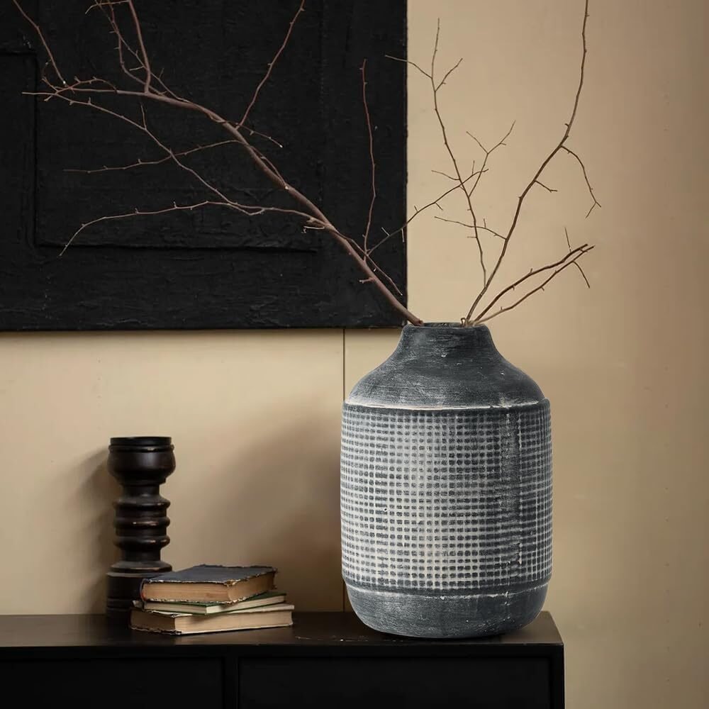18cm Schwarze strukturierte Keramikvase – Boho Bauernhaus Stil