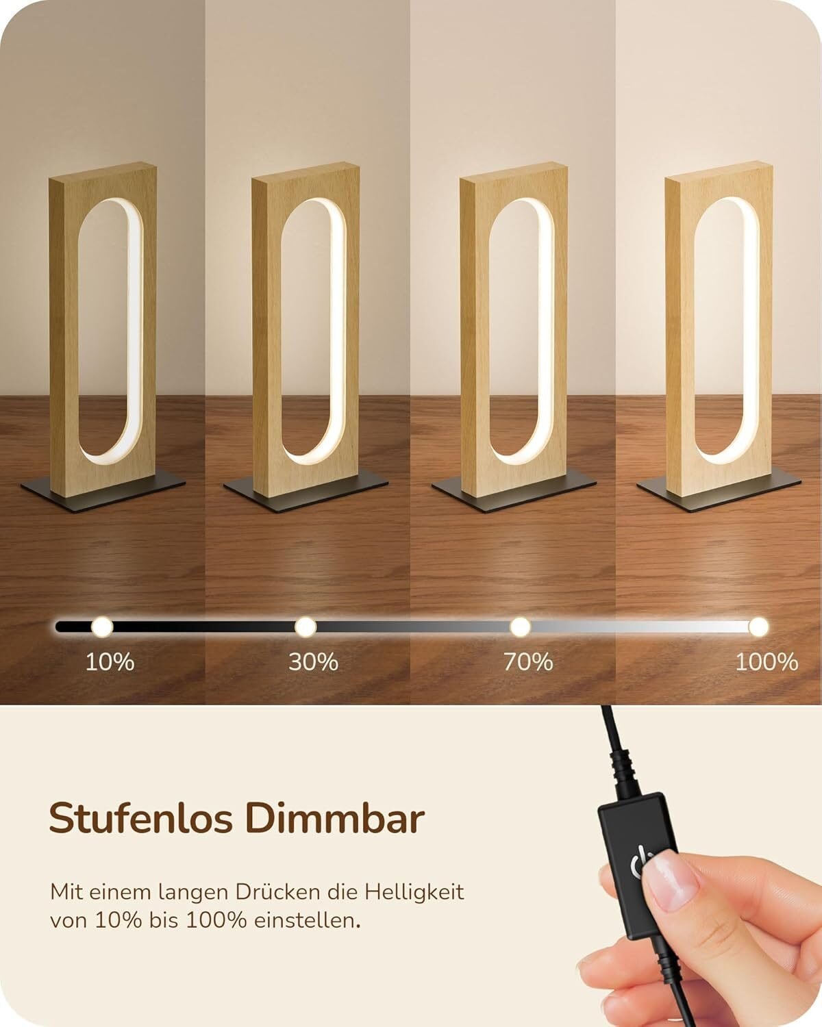 LED Nachttischlampe Holz – Touch Dimmbar mit 3 Farbtemperaturen