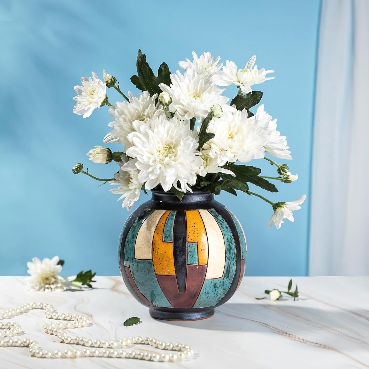 Handgedrehte Keramikvase 16 cm – Bunte handglasierte Blumenvase aus Keramik