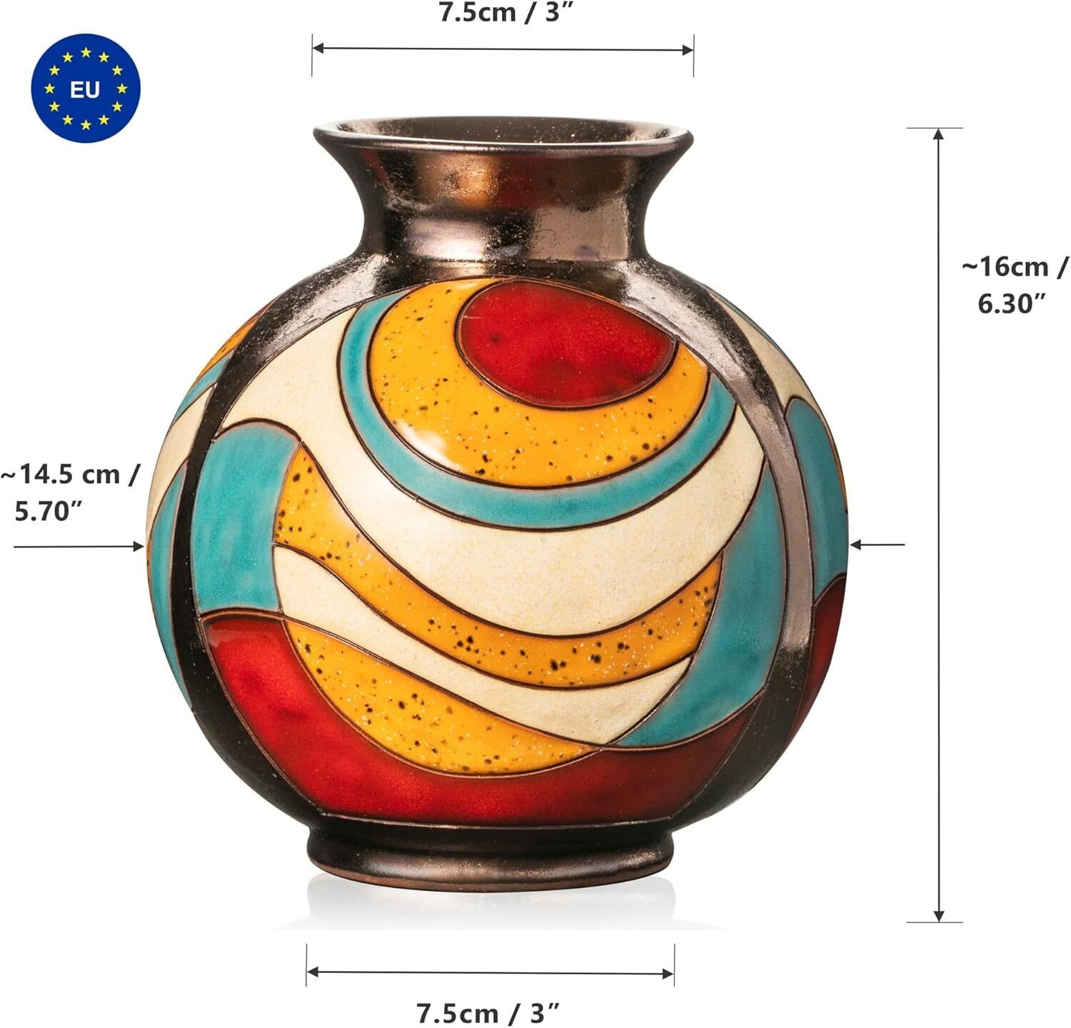 Handgedrehte Keramikvase 16 cm bunt – Handglasierte dekorative Blumenvase aus Keramik