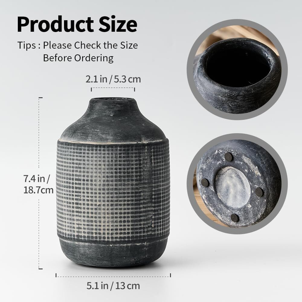 18cm Schwarze strukturierte Keramikvase – Boho Bauernhaus Stil