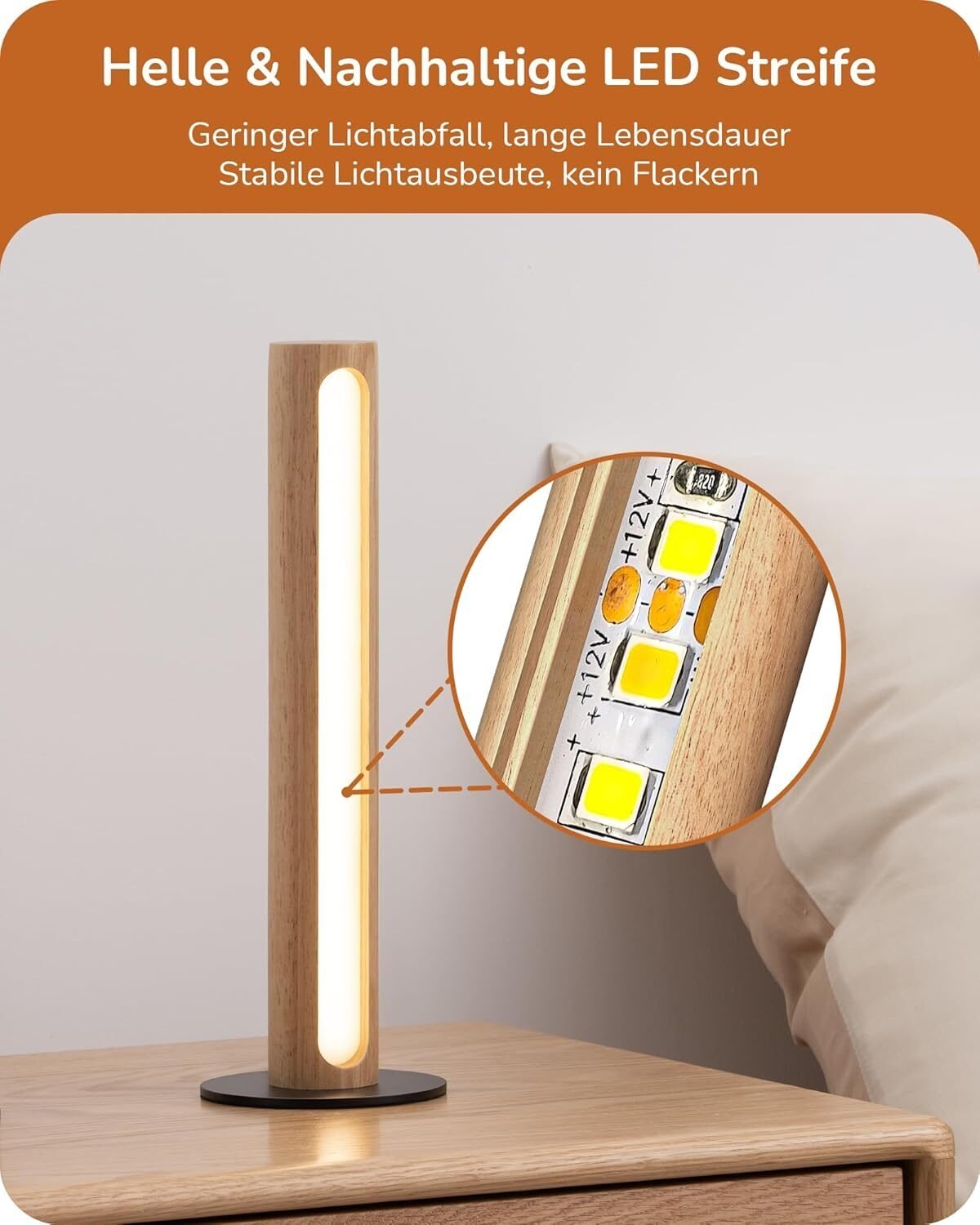 3 Farbtemperaturen LED Tischlampe Holz – Touch Dimmbar & Memory Funktion