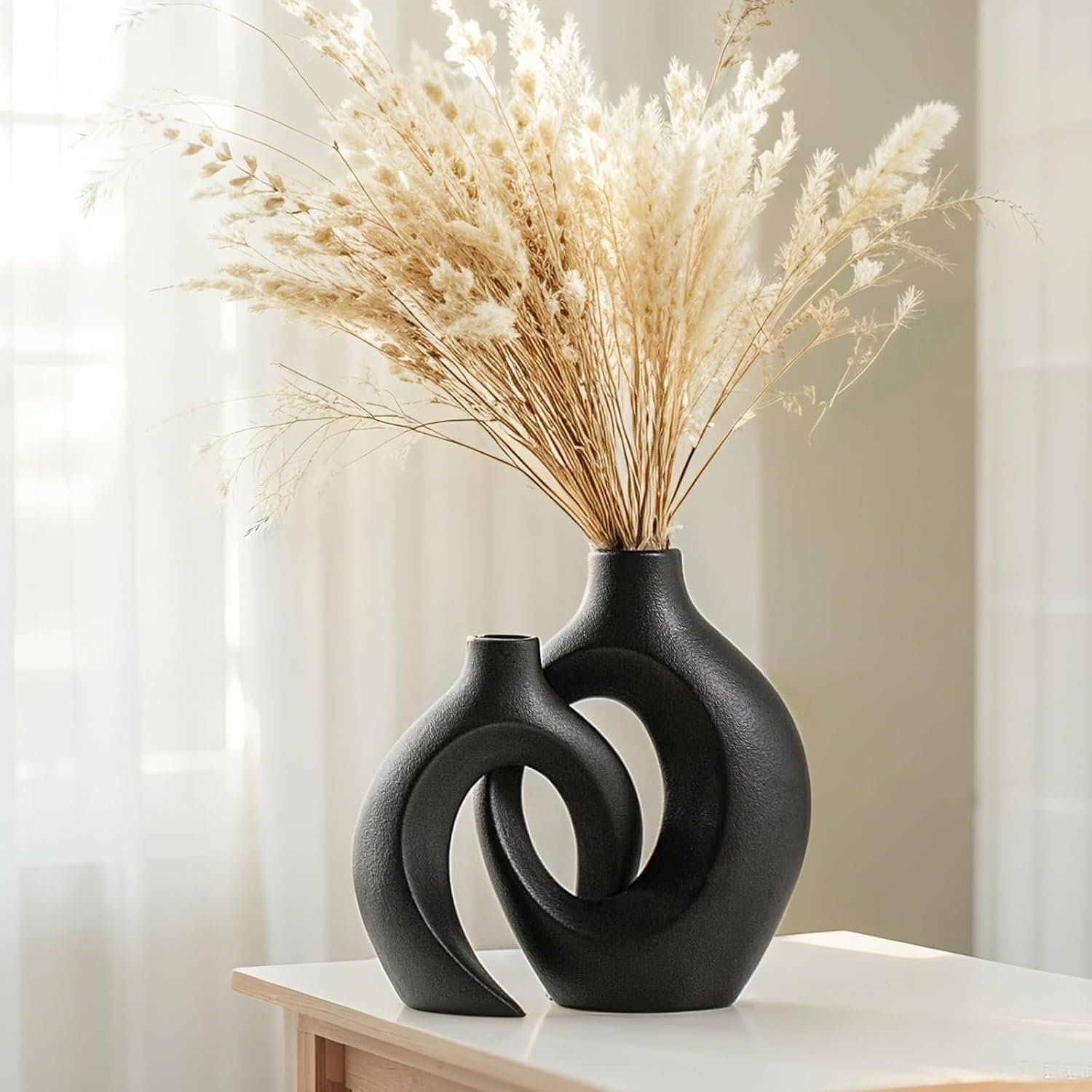 Keramikvasen Set 2er Beige Modern – Dekorative Hohlform für nordisches Wohndesign