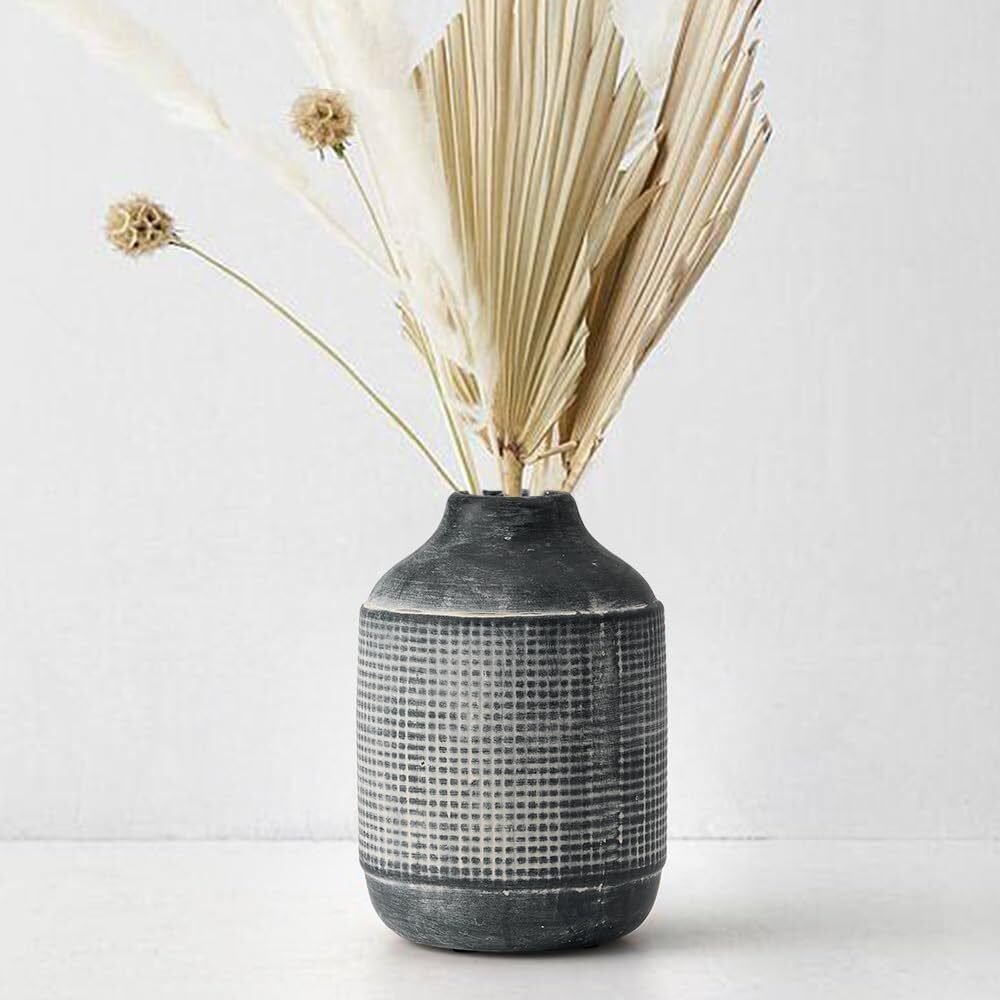 18cm Schwarze strukturierte Keramikvase – Boho Bauernhaus Stil
