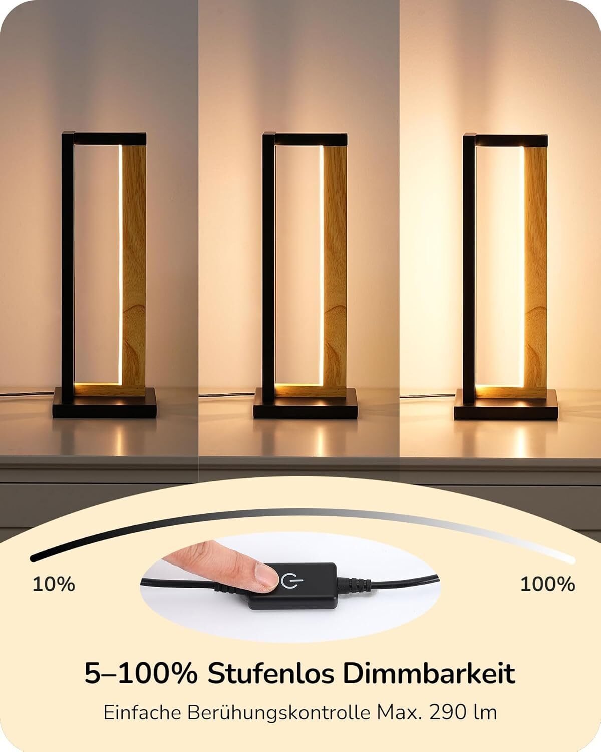 Nachttischlampe Holz Metall Touch Dimmbar – 3 Farbtemperaturen & Memory Funktion 35cm