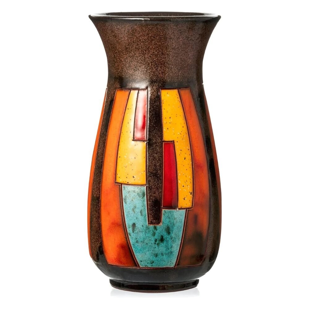 Handgedrehte Keramikvase 21 cm bunt handglasiert