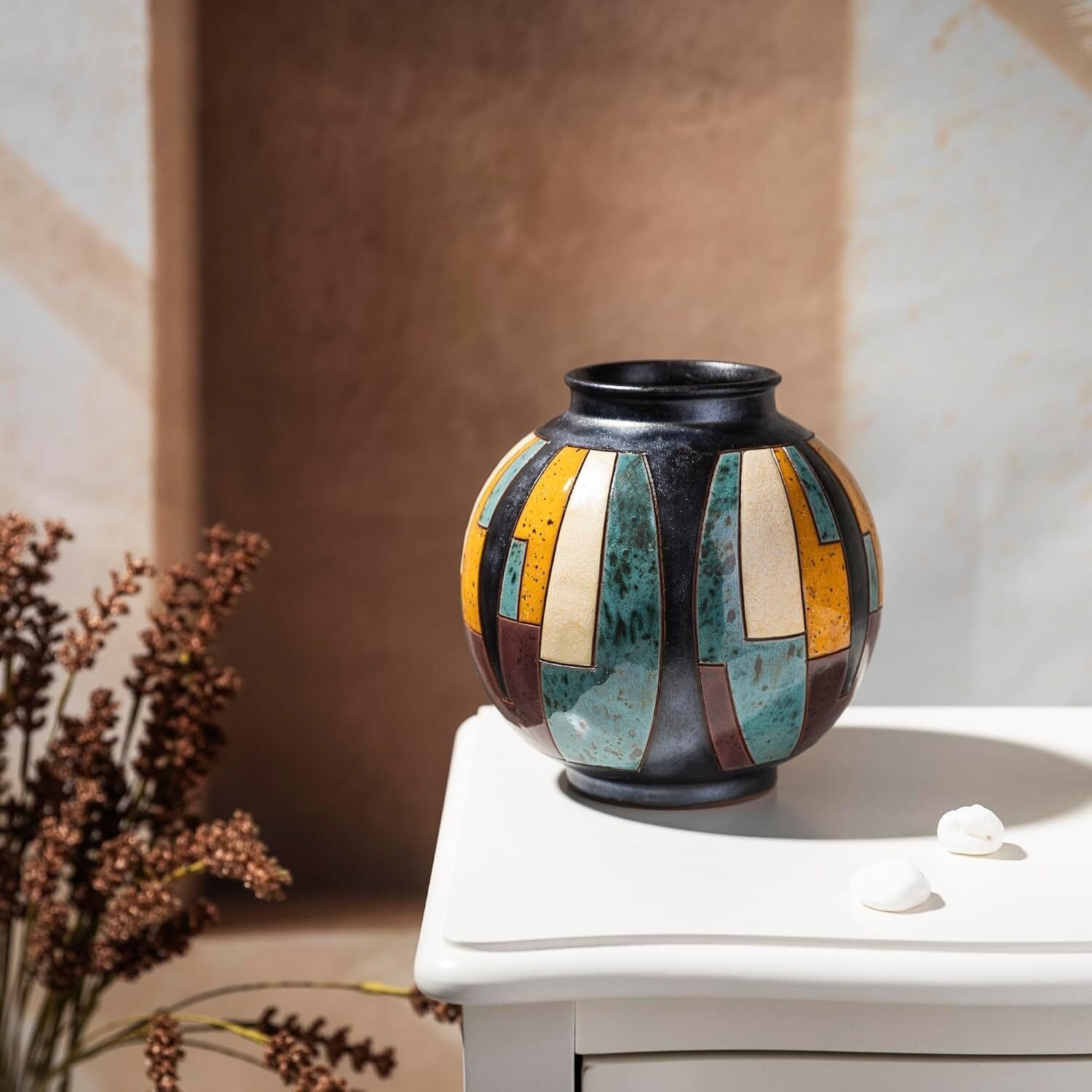 Handgedrehte Keramikvase 16 cm – Bunte handglasierte Blumenvase aus Keramik