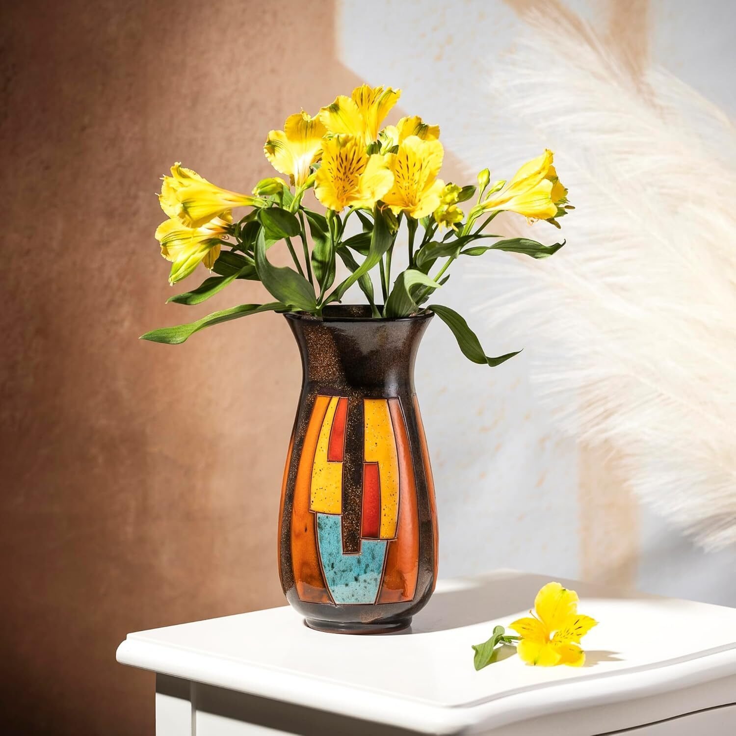 Handgedrehte Keramikvase 21 cm – Bunte dekorative Blumenvase aus handglasierter Keramik