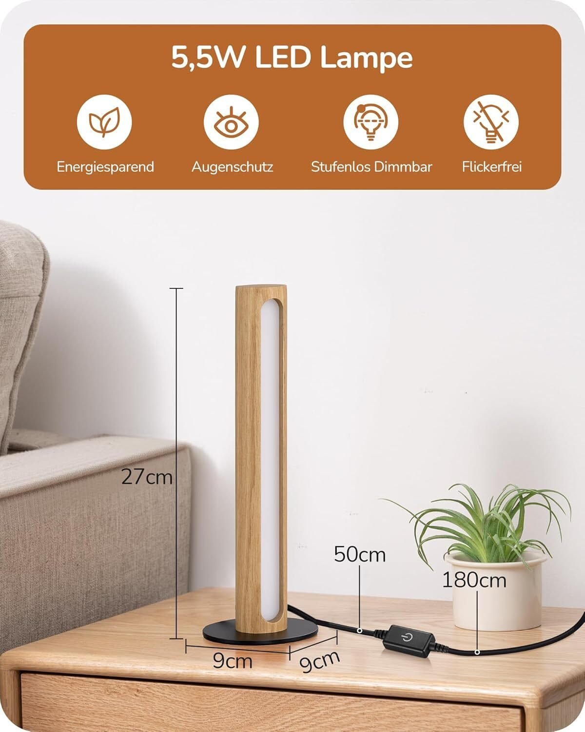 3 Farbtemperaturen LED Tischlampe Holz – Touch Dimmbar & Memory Funktion