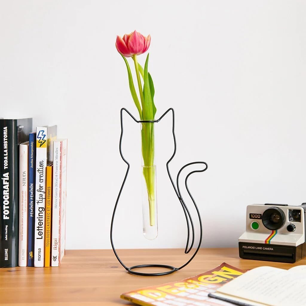 Katzen Silhouette Blumenvase Schwarz – Dekorative Metall Glas Vase