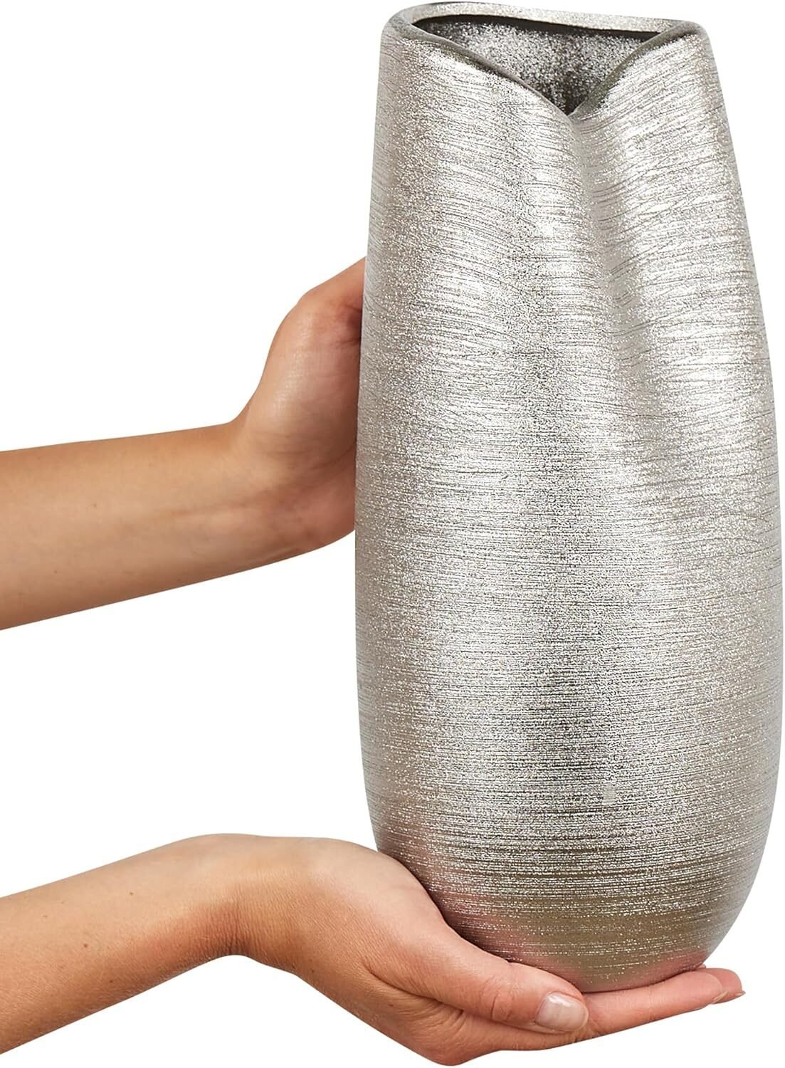 Dekorative Vase Metall Look Silber 32 cm – Moderne Tischvase aus Feinsteinzeug