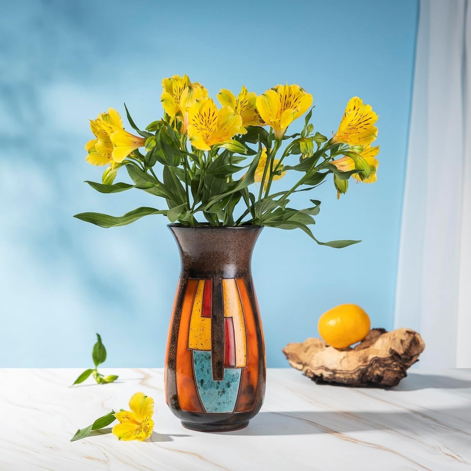 Handgedrehte Keramikvase 21 cm – Bunte dekorative Blumenvase aus handglasierter Keramik