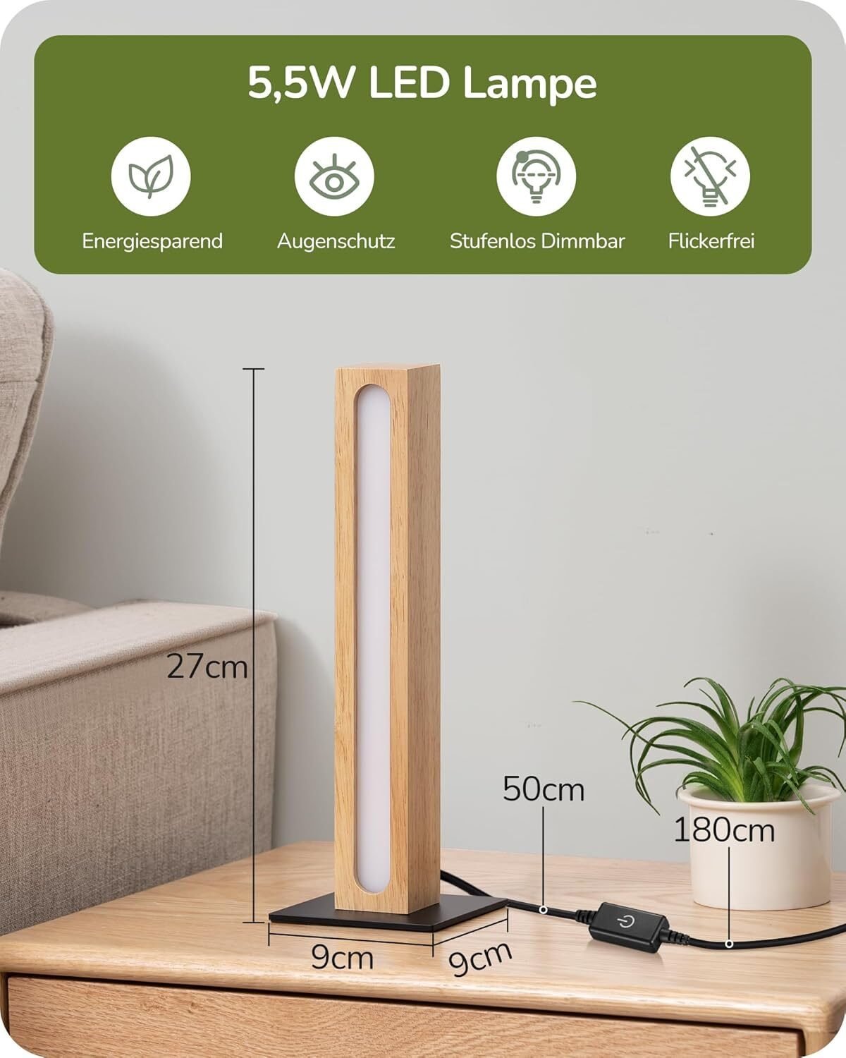 LED Tischlampe Holz Touch Funktion – Stufenlos Dimmbar mit 3 Farbtemperaturen