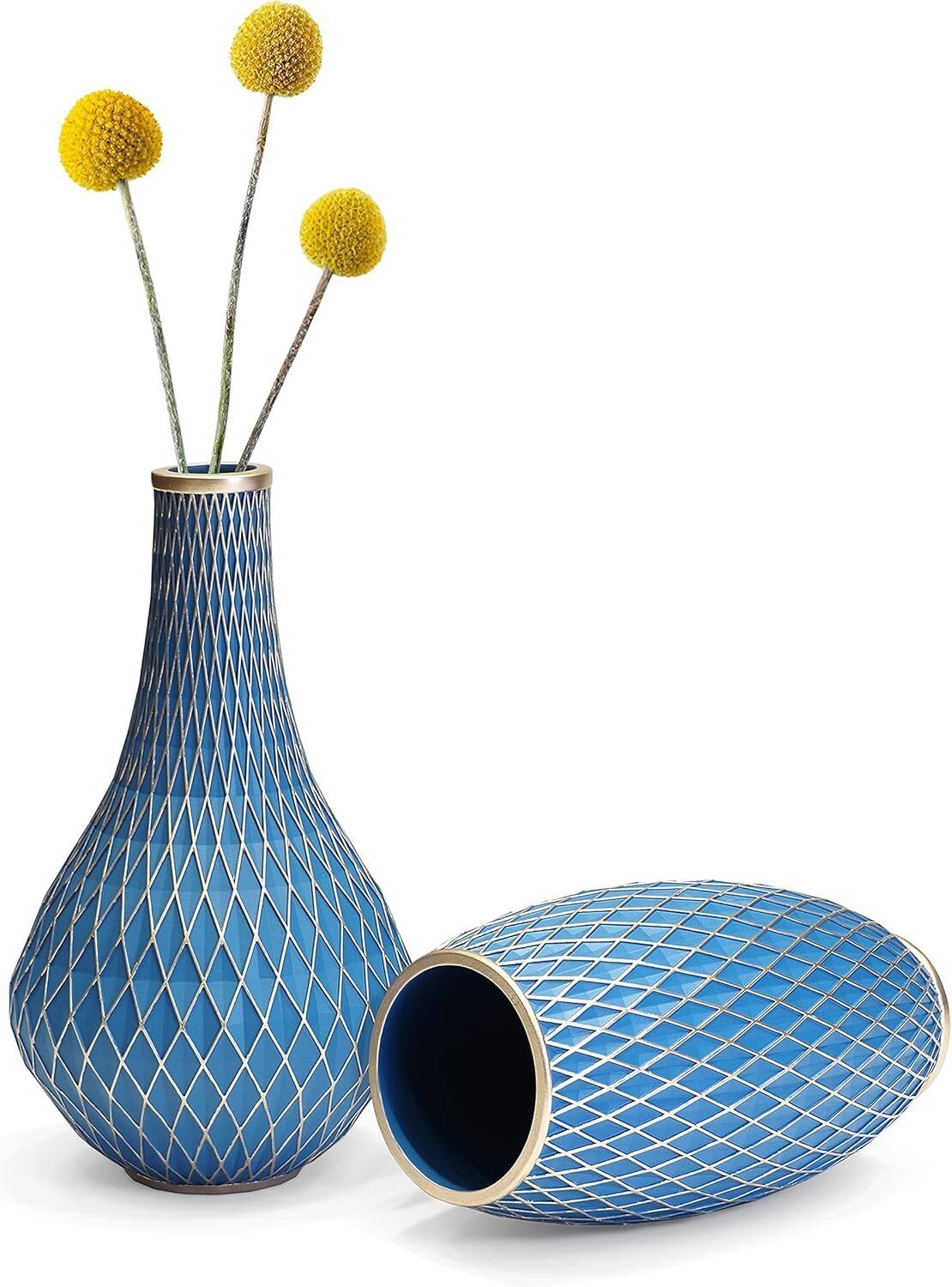 Dekorative Blumenvase Blau Gold 28 cm – Zylindervase Mit Diamantmuster