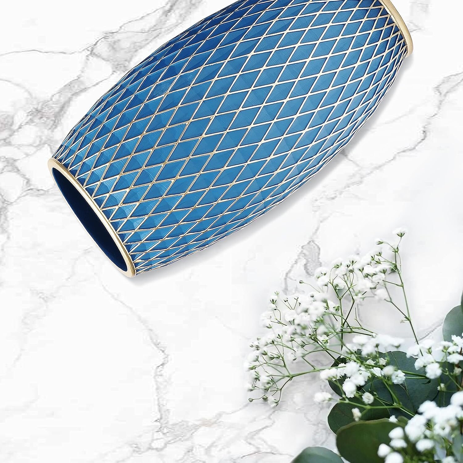 Dekorative Blumenvase Blau Gold 28 cm – Zylindervase Mit Diamantmuster