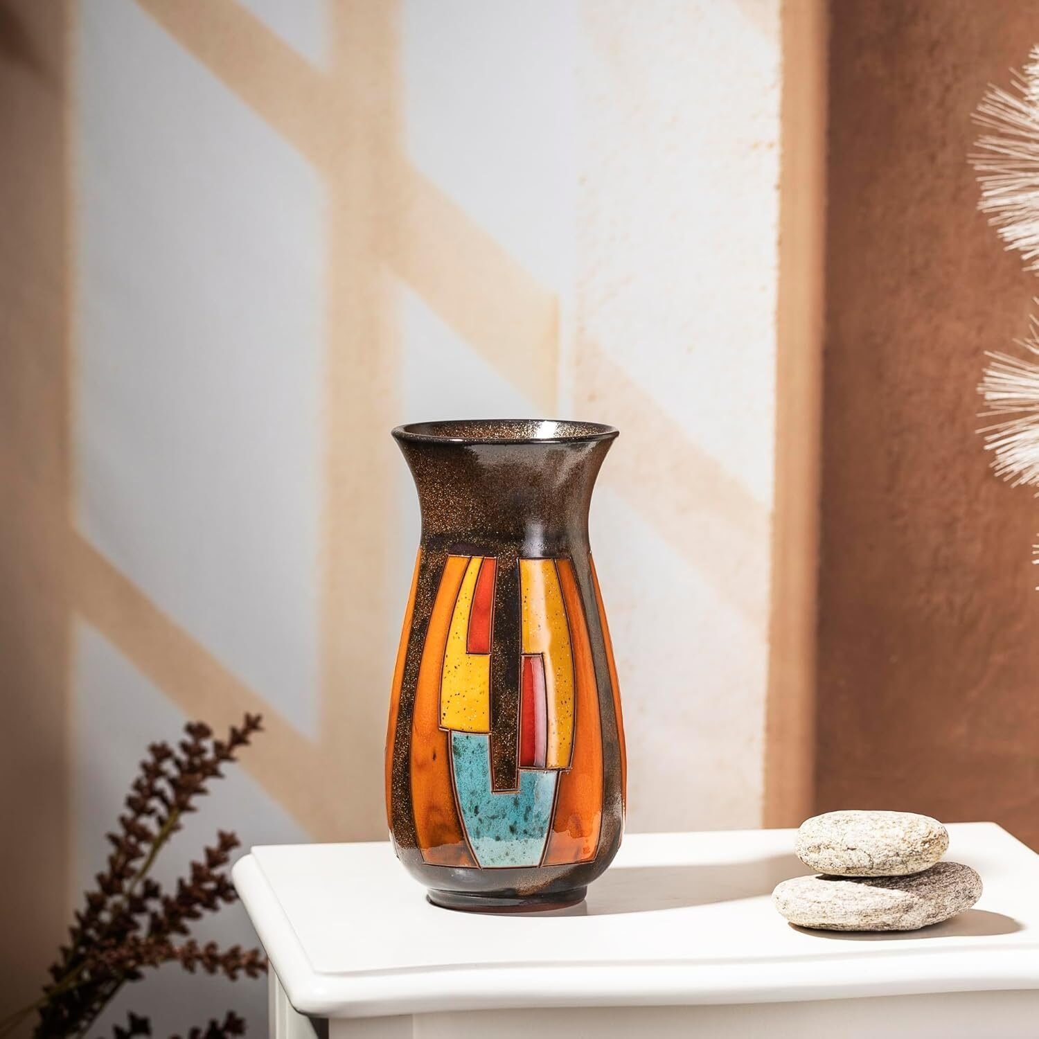 Handgedrehte Keramikvase 21 cm – Bunte dekorative Blumenvase aus handglasierter Keramik