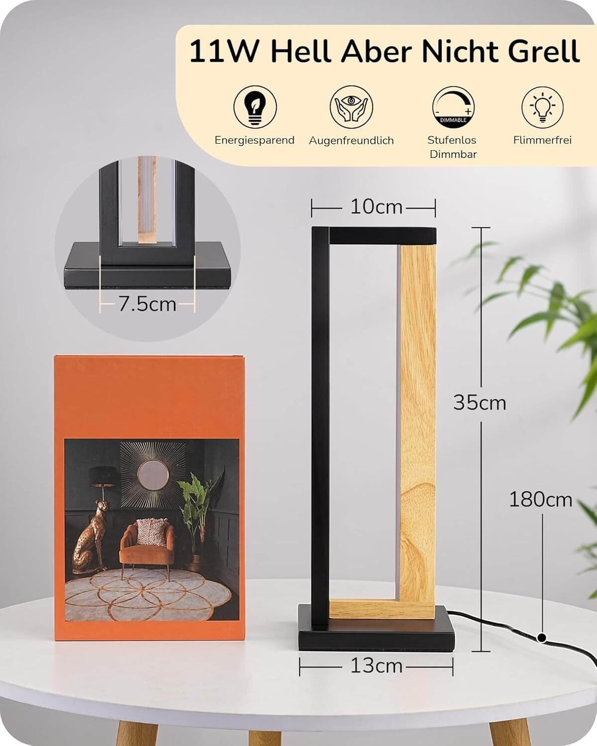 Nachttischlampe Holz Metall Touch Dimmbar – 3 Farbtemperaturen & Memory Funktion 35cm