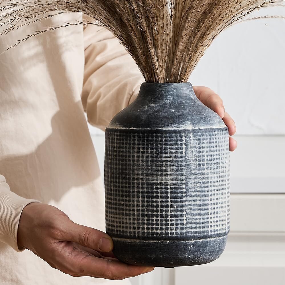 18cm Schwarze strukturierte Keramikvase – Boho Bauernhaus Stil