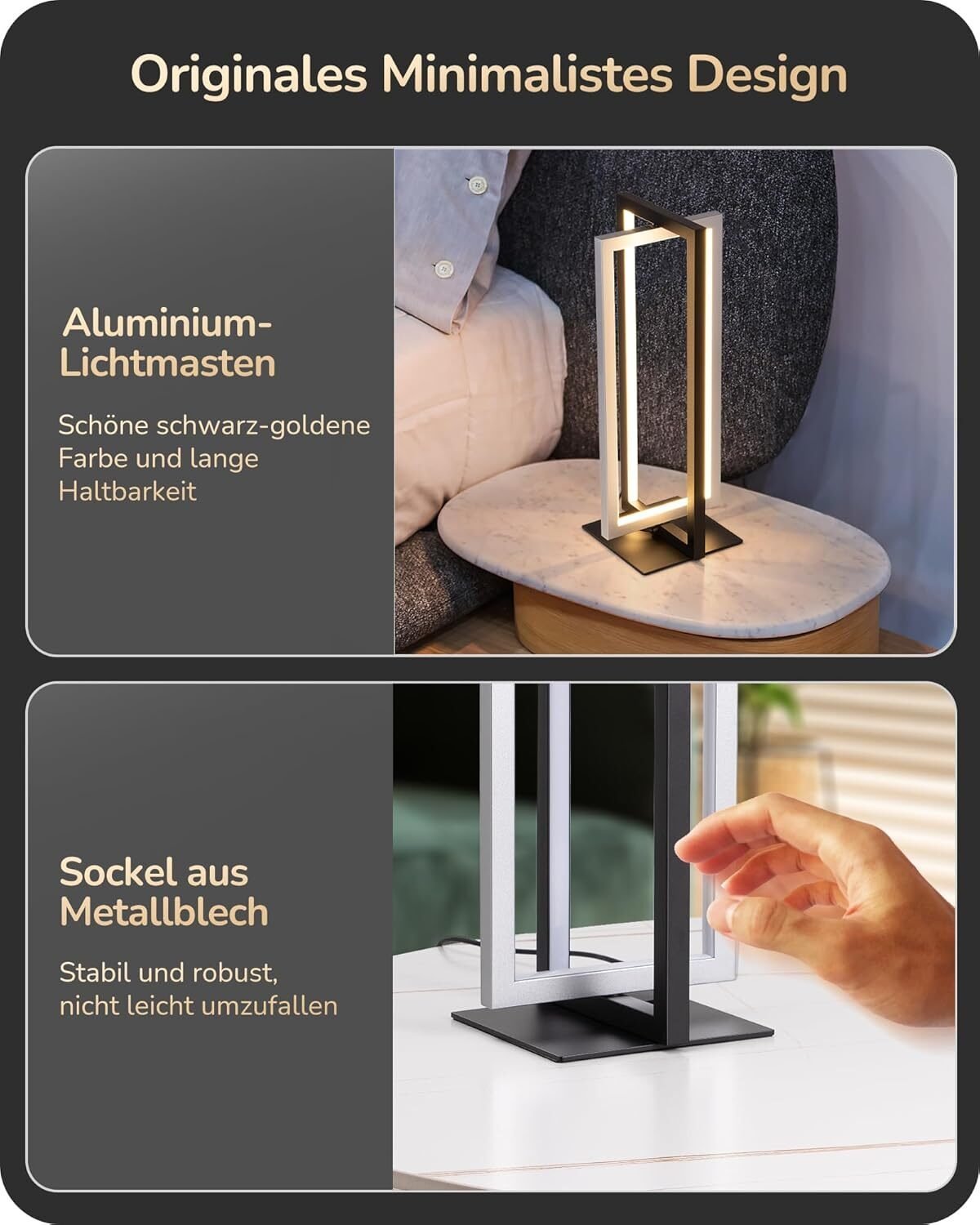 LED Tischlampe Schwarz Silber – Touch Dimmbar mit 3 Farbtemperaturen