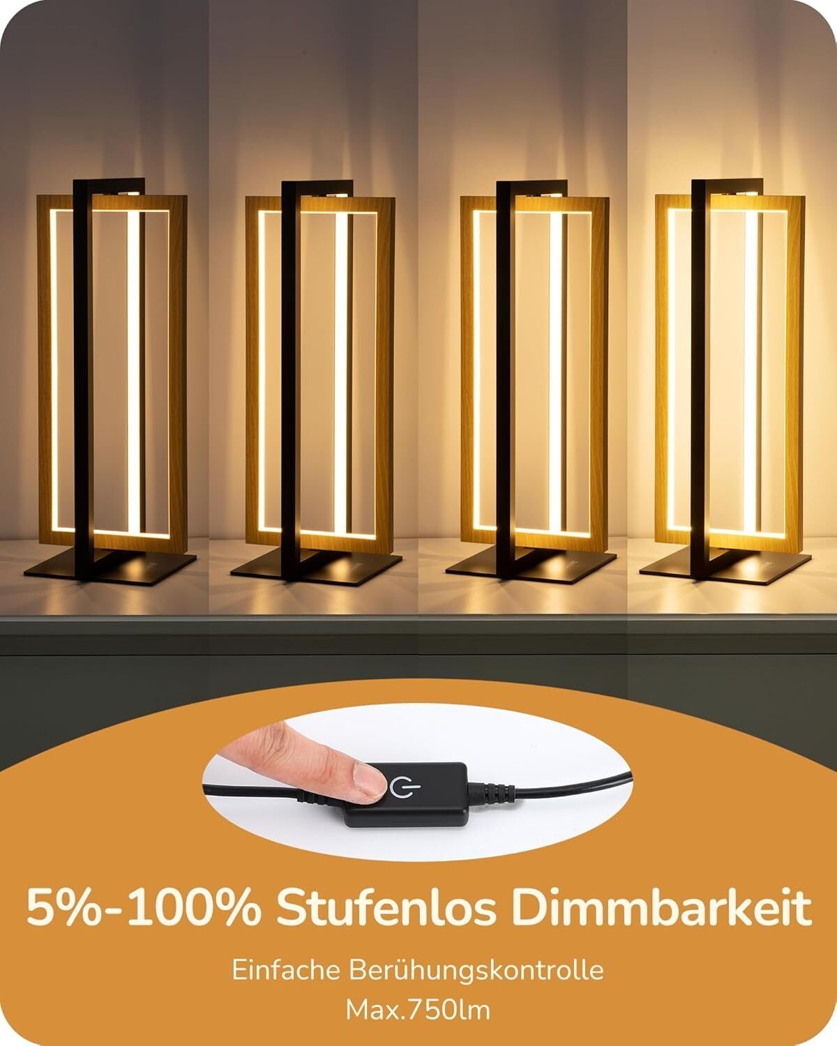 LED Tischlampe Holz Schwarz – Drehbares Design mit 3 Farbtemperaturen