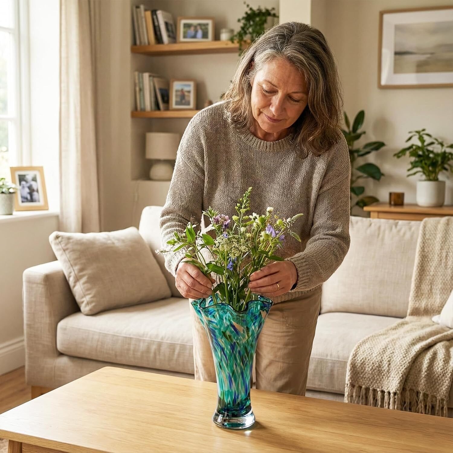 Mundgeblasene Glasvase Blaugrün 22,9 cm – Dekorative Blumenvase mit breiter Öffnung