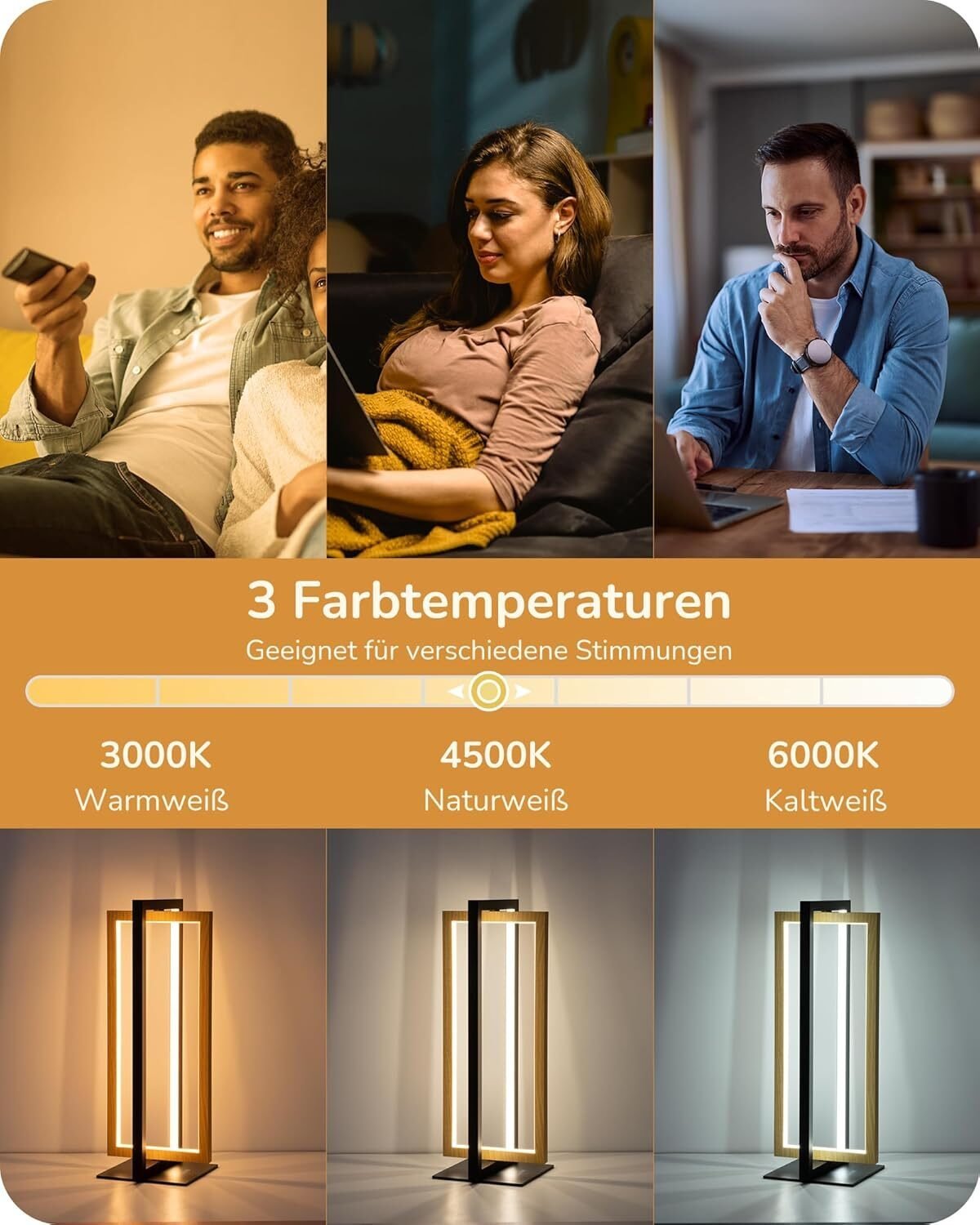 LED Tischlampe Holz Schwarz – Drehbares Design mit 3 Farbtemperaturen