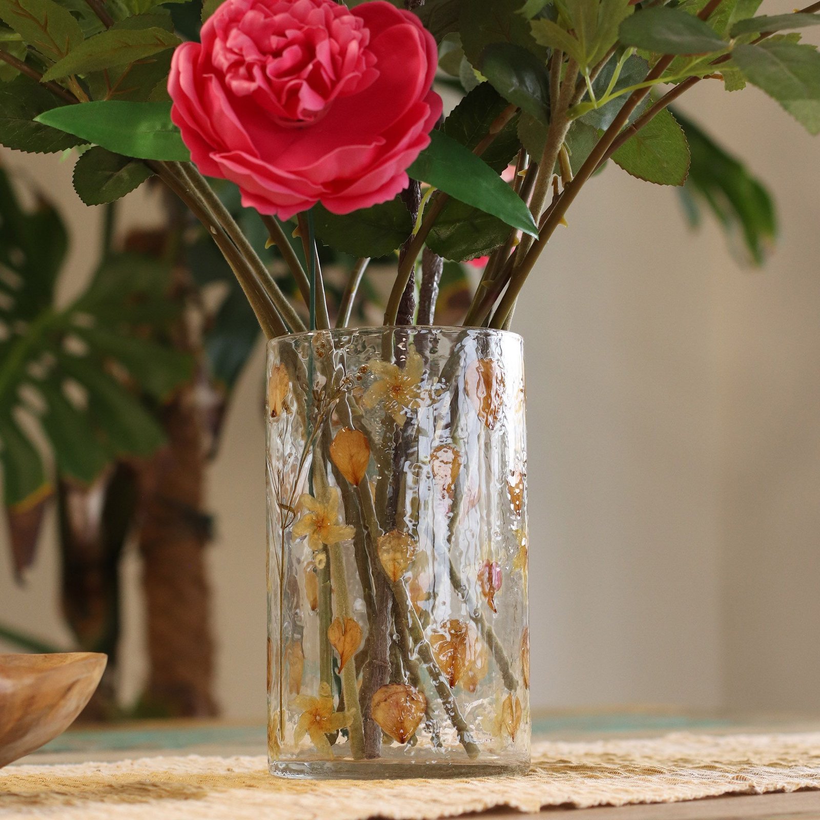 Glas Vase Kerzenhalter mit Blumen Rose – großer dekorativer Kerzenhalter aus recyceltem Glas 19x11 cm