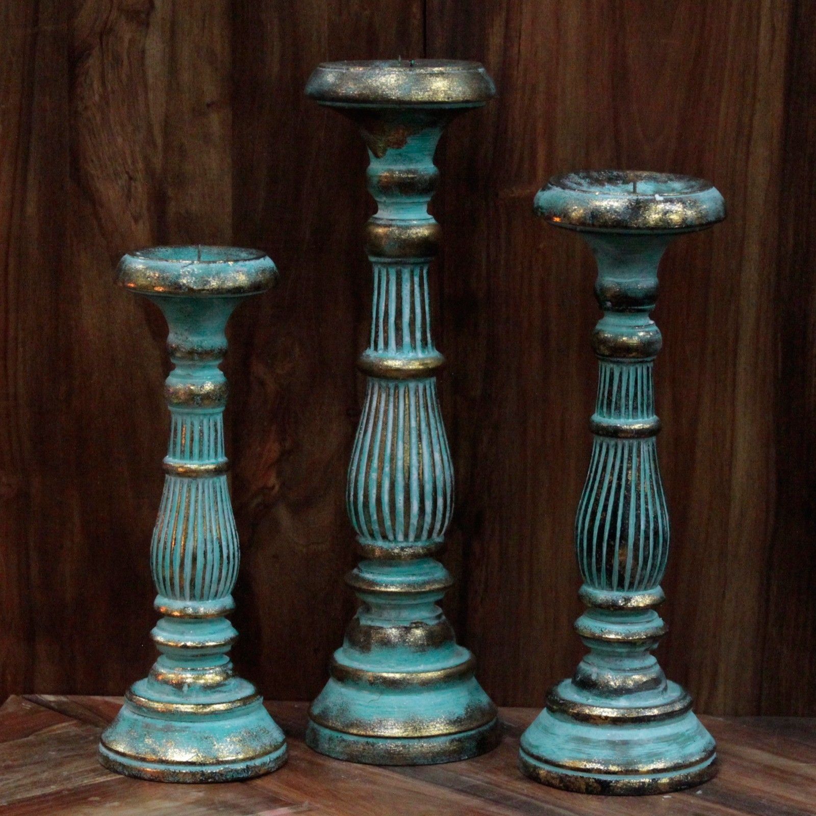 Kerzenständer Holz Vintage groß – Turquoise Gold handgefertigter Kerzenhalter, 40 cm