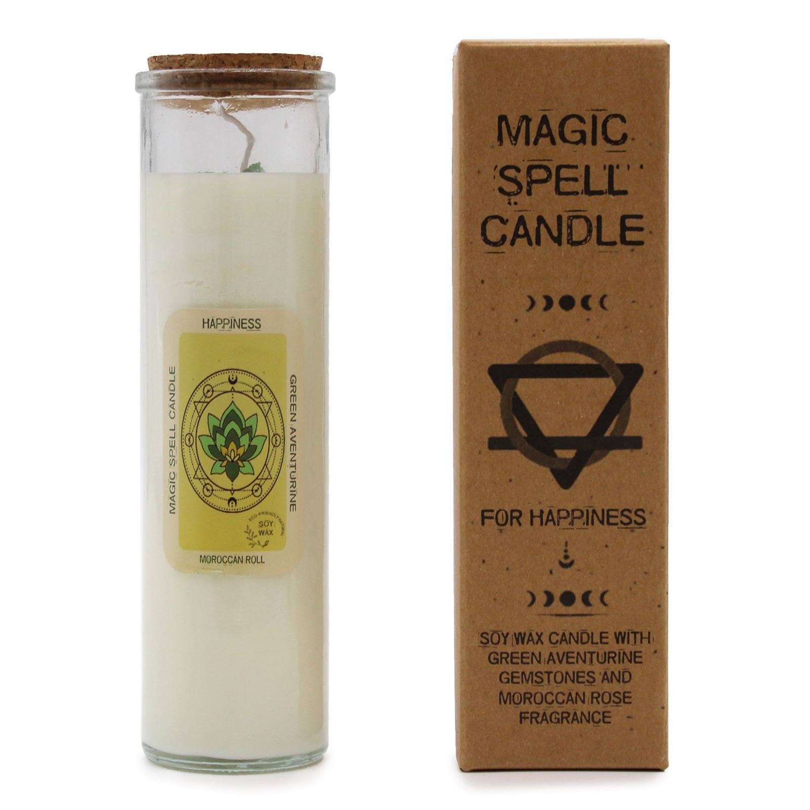 Manifestationskerze Glück – Magic Spell Candle Happiness mit Edelsteinen, 50h, 20 x 5 cm, 280 g