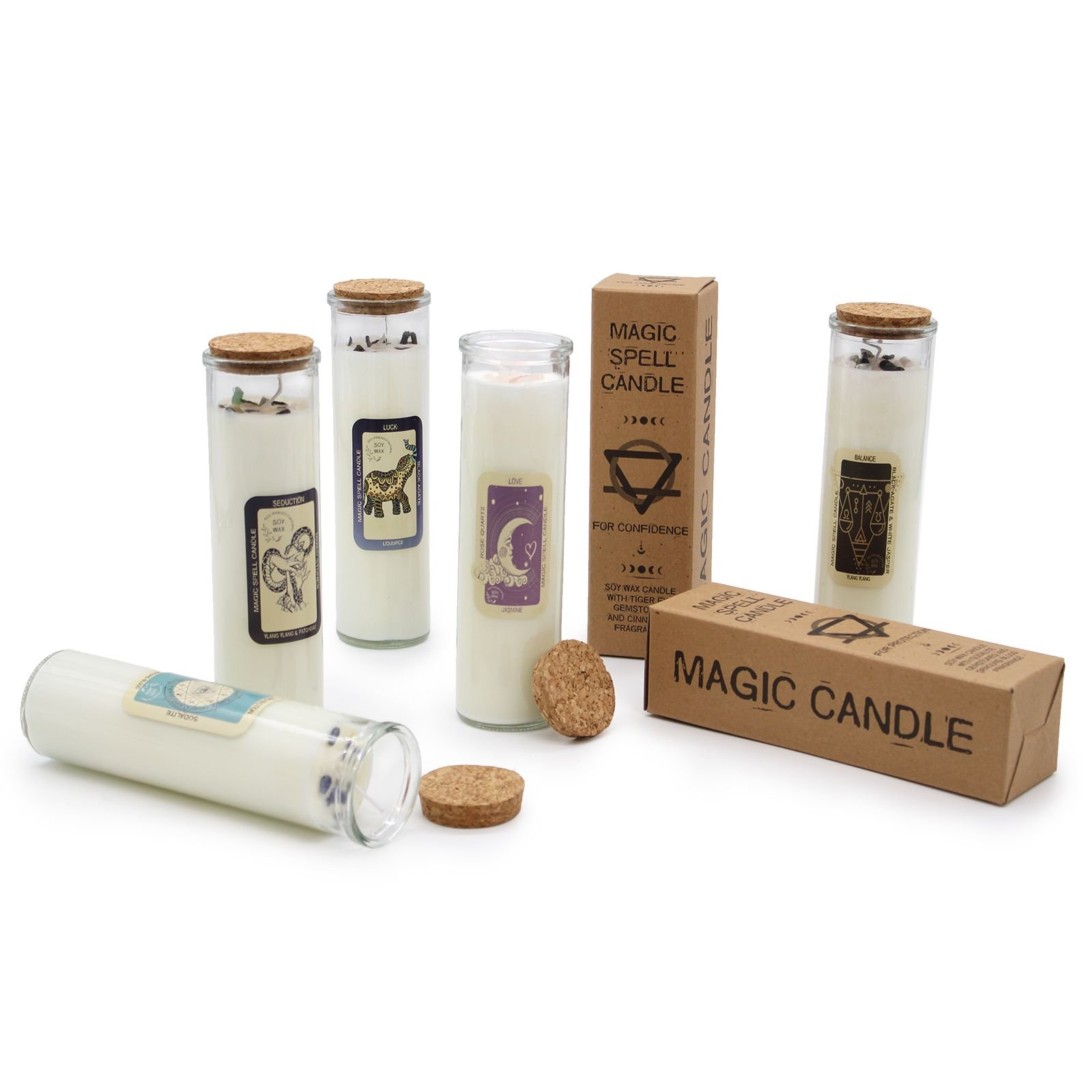 Manifestationskerze Glück – Magic Spell Candle Happiness mit Edelsteinen, 50h, 20 x 5 cm, 280 g