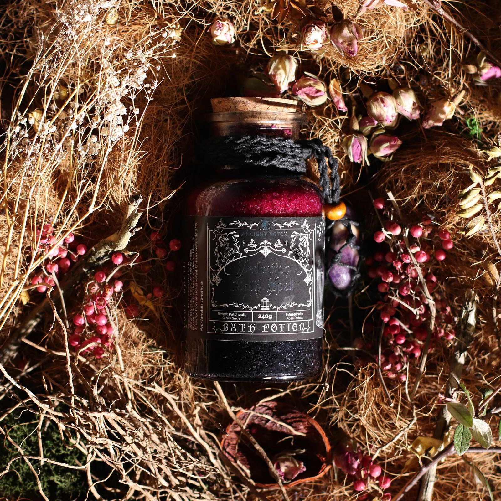 Badezauber Verführung Ritual 490g – Magisches Badesalz mit Amethyst Kristall Amulett
