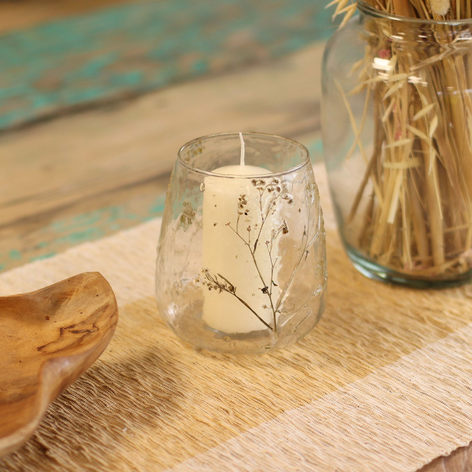 Glas Kerzenhalter Floral Margarita – Vase Kerzenhalter mit Naturdesign aus recyceltem Glas 12x11 cm