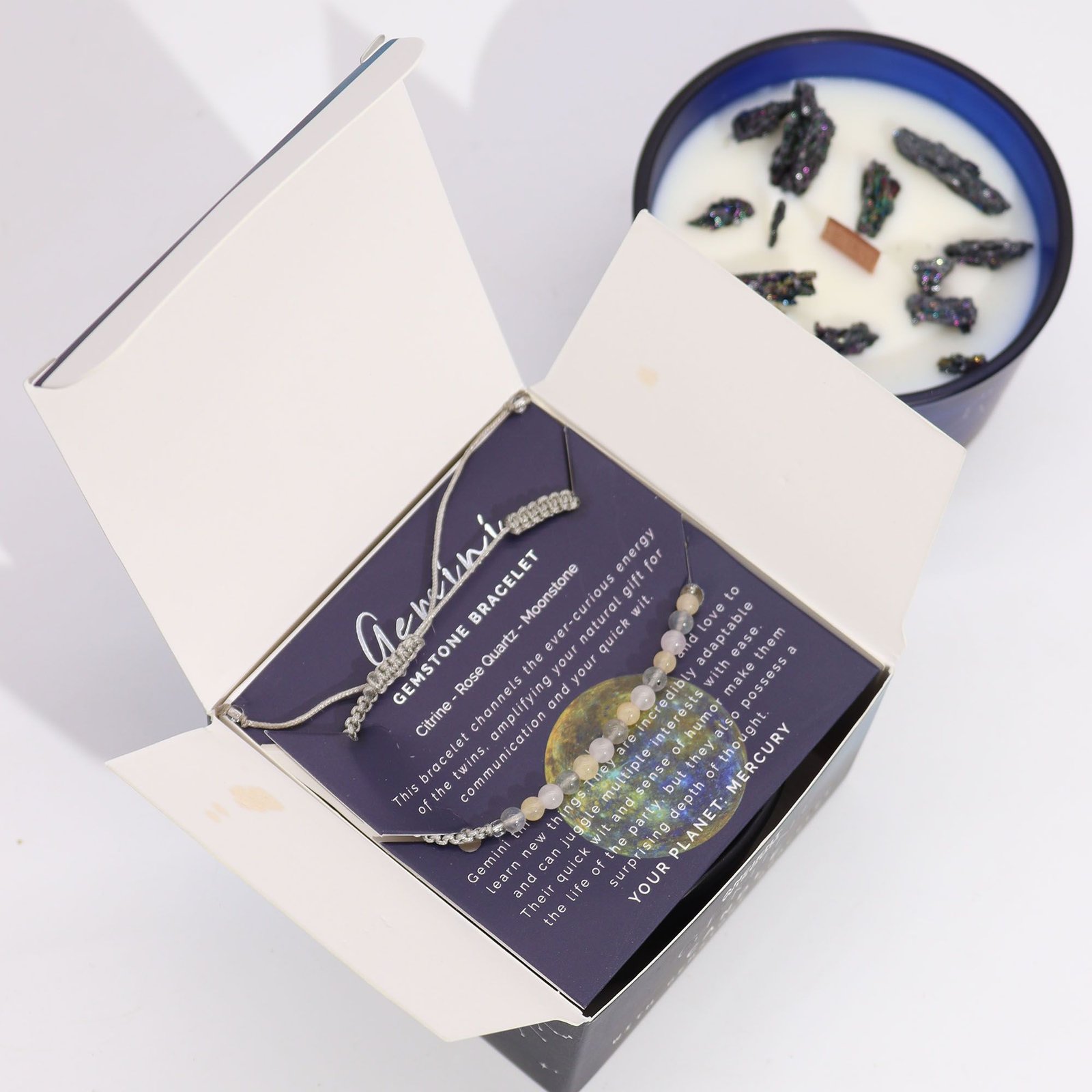Sternzeichen Zwillinge Kerze mit Edelstein Armband – Sojawachs Duftkerze Geschenkset Zwillinge