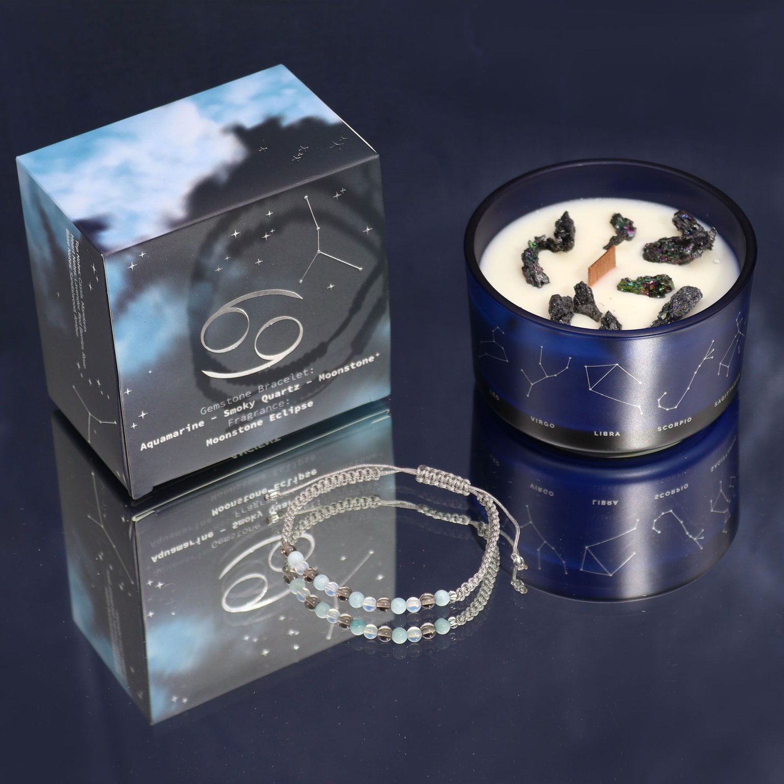 Zodiac Duftkerze Krebs mit Edelstein Armband – Sternzeichen Kerze – 8.8x8.5 cm, ca. 30h